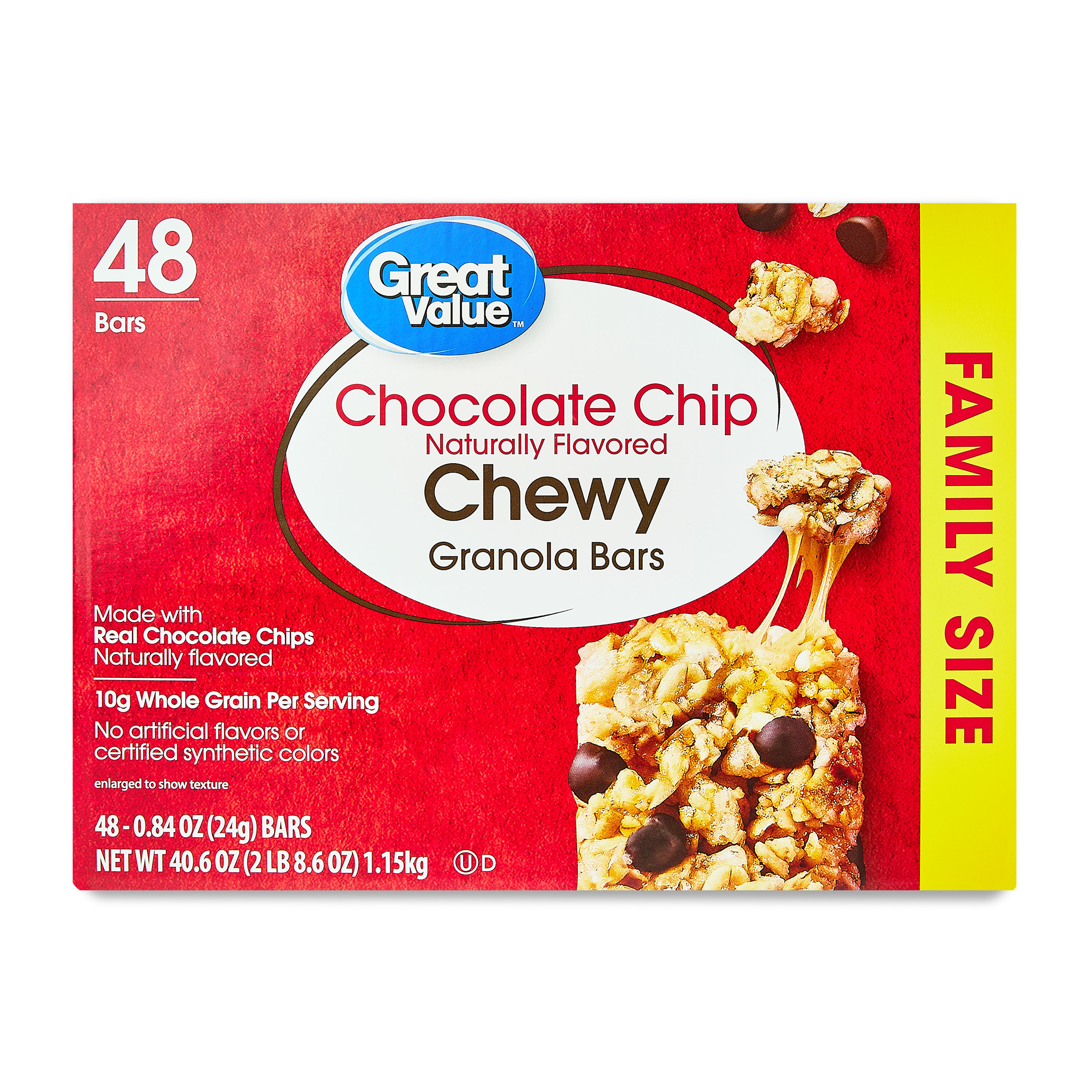 Great Value Chocolate Chip Chewy Granola Bars, Family Size, 0.84 oz Paper Box, 48 Count