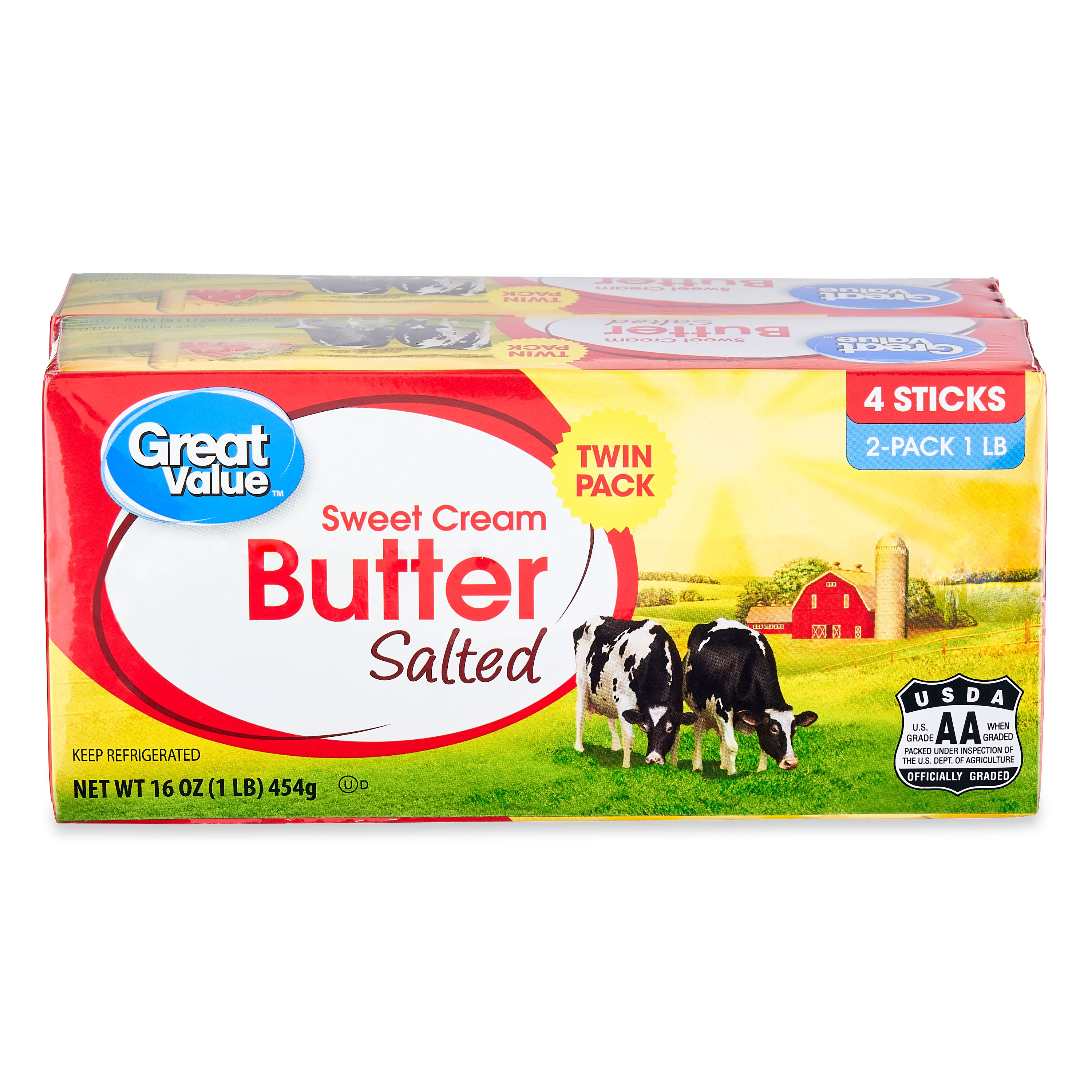 Great Value Sweet Cream Salted Butter Twin Pack, Refrigerated, 16 oz Box, 4 Sticks