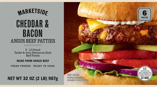 Marketside Cheddar & Bacon Angus Beef  1/3 lb Patties, 6 Count, 2 lb (Frozen)