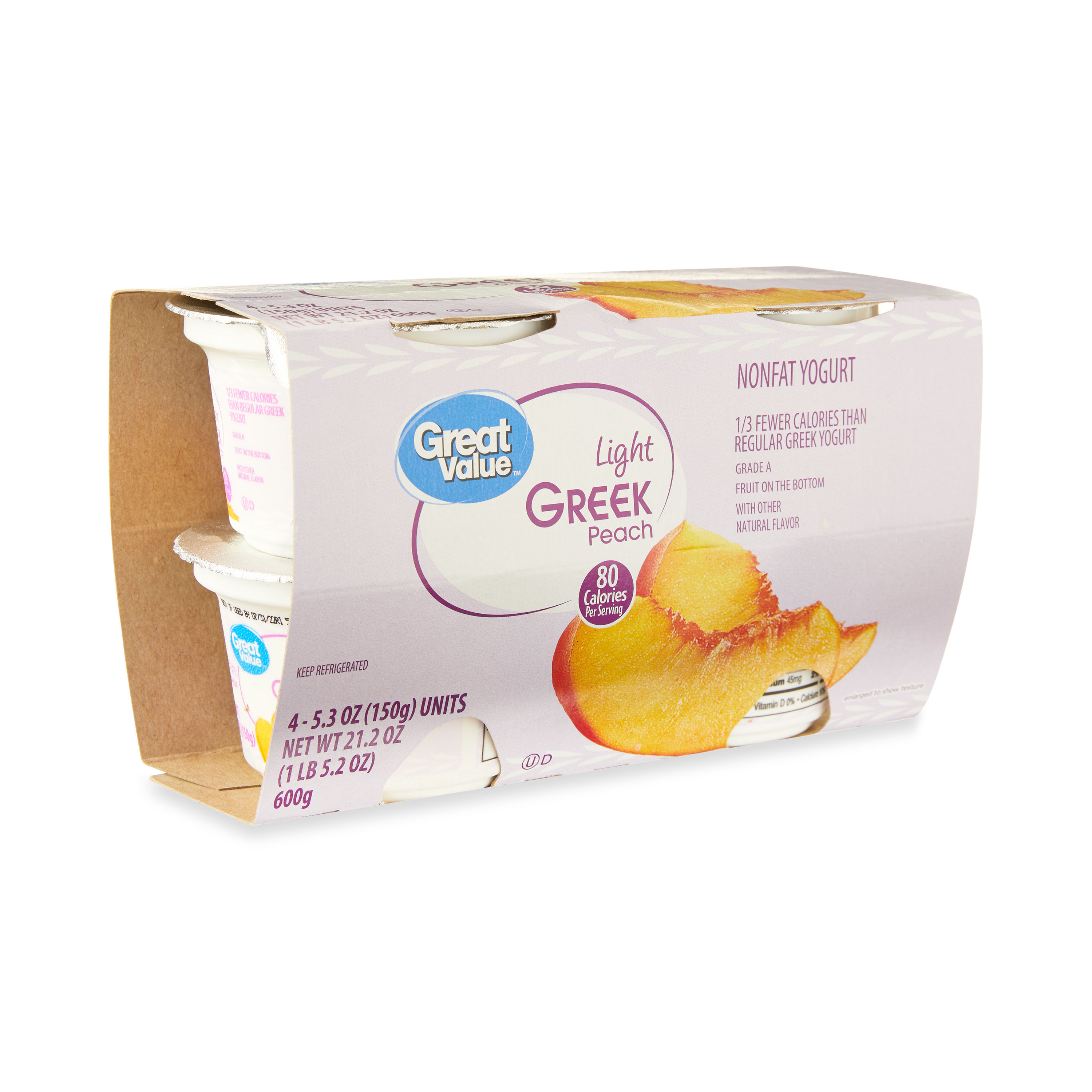 Great Value Light Greek Peach Nonfat Yogurt, 5.3 oz Cups, 4 Count