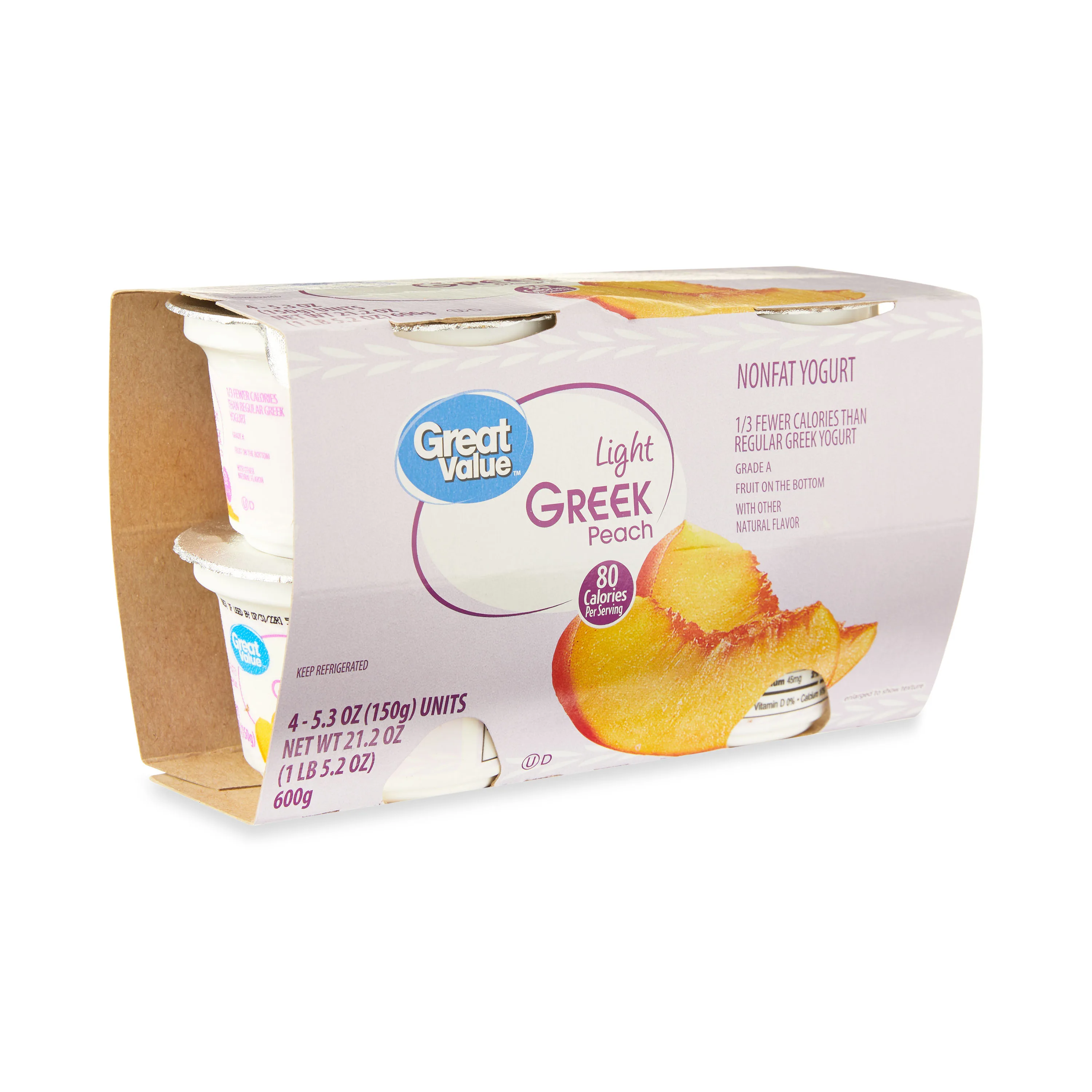 Great Value Light Greek Peach Nonfat Yogurt, 5.3 oz Cups, 4 Count