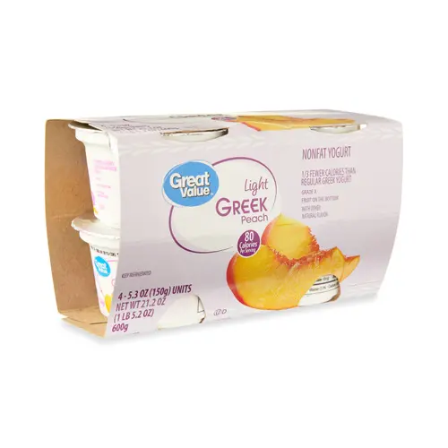 Great Value Light Greek Peach Nonfat Yogurt, 5.3 oz Cups, 4 Count