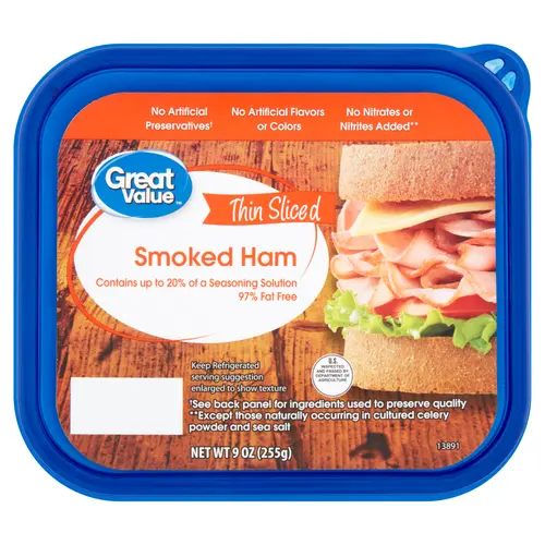 Great Value Thin Sliced Smoked Ham Lunchmeat, 9 oz Plastic Tub, 10g of Protein per 2oz Serving