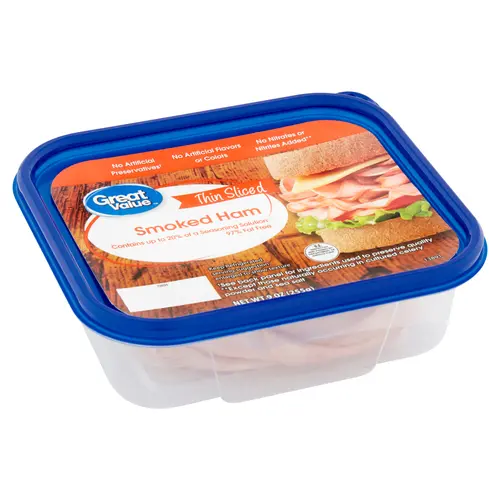 Great Value Thin Sliced Smoked Ham Lunchmeat, 9 oz Plastic Tub, 10g of Protein per 2oz Serving thumbnail 3