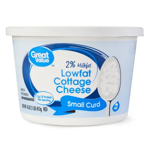 Great Value 2% Milkfat Lowfat Small Curd Cottage Cheese, 16 oz Tub