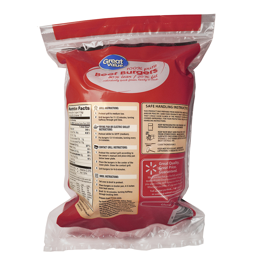 Great Value Beef Burgers, 80% Lean 20 % Fat, 2 lbs thumbnail 2