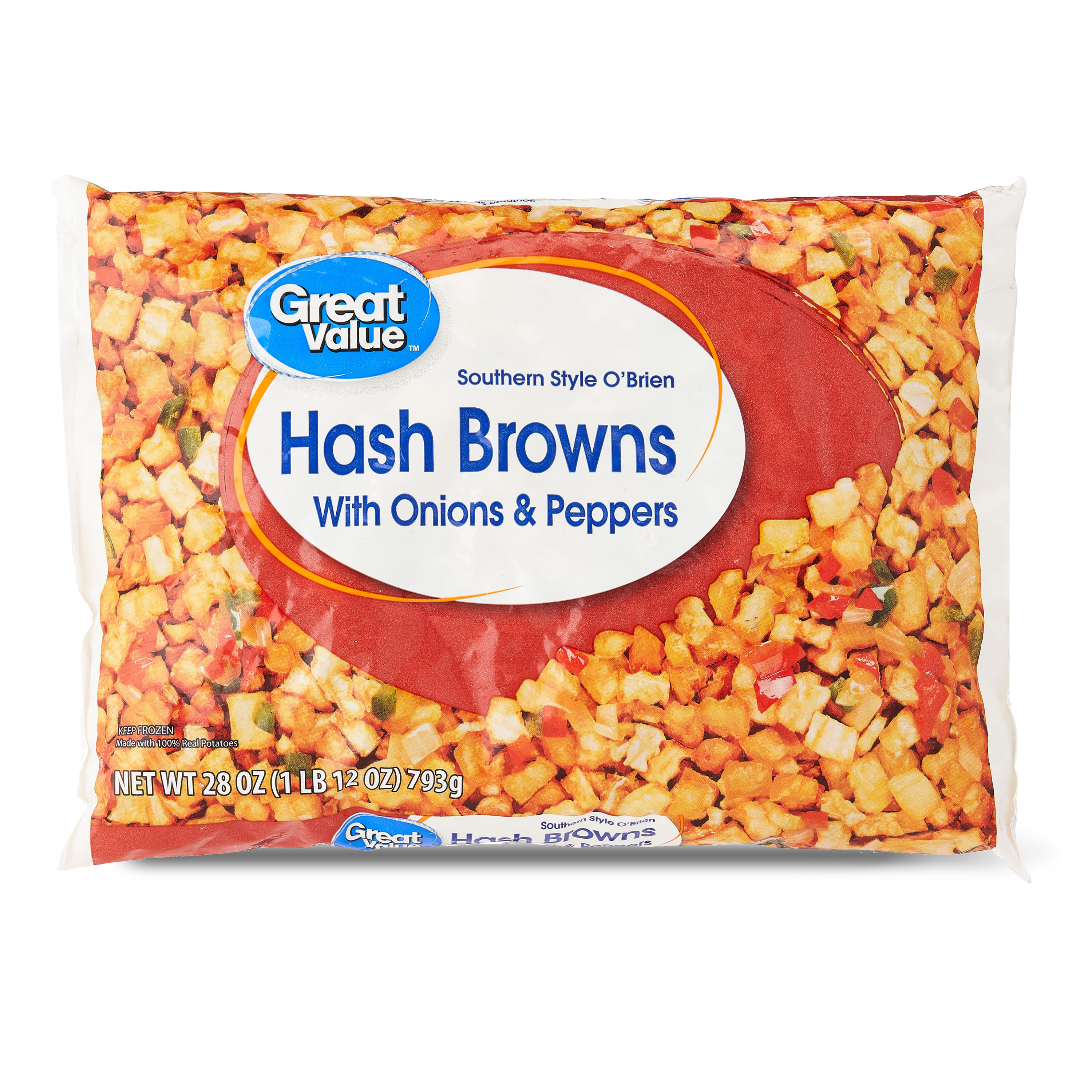 Great Value Southern Style O' Brien Hash Browns with Onions & Peppers, 28 oz Bag (Frozen)