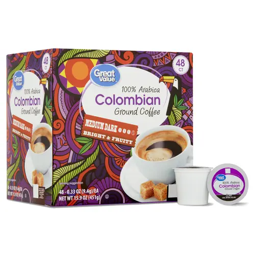 Great Value 100% Arabica Colombian Medium Roast Ground Coffee Pods, 48 Ct