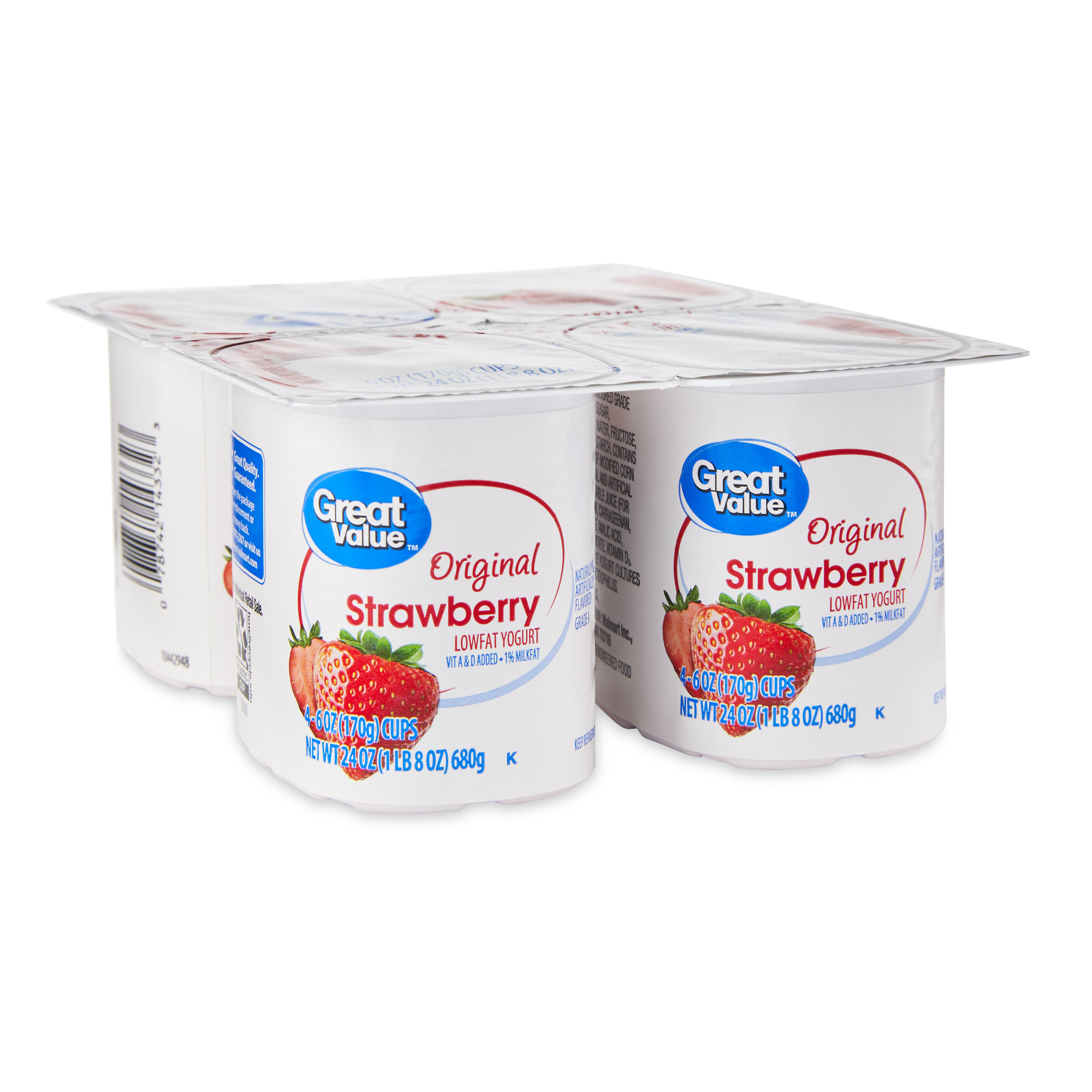 Great Value Original Strawberry Lowfat Yogurt, 6 oz, 4 Count