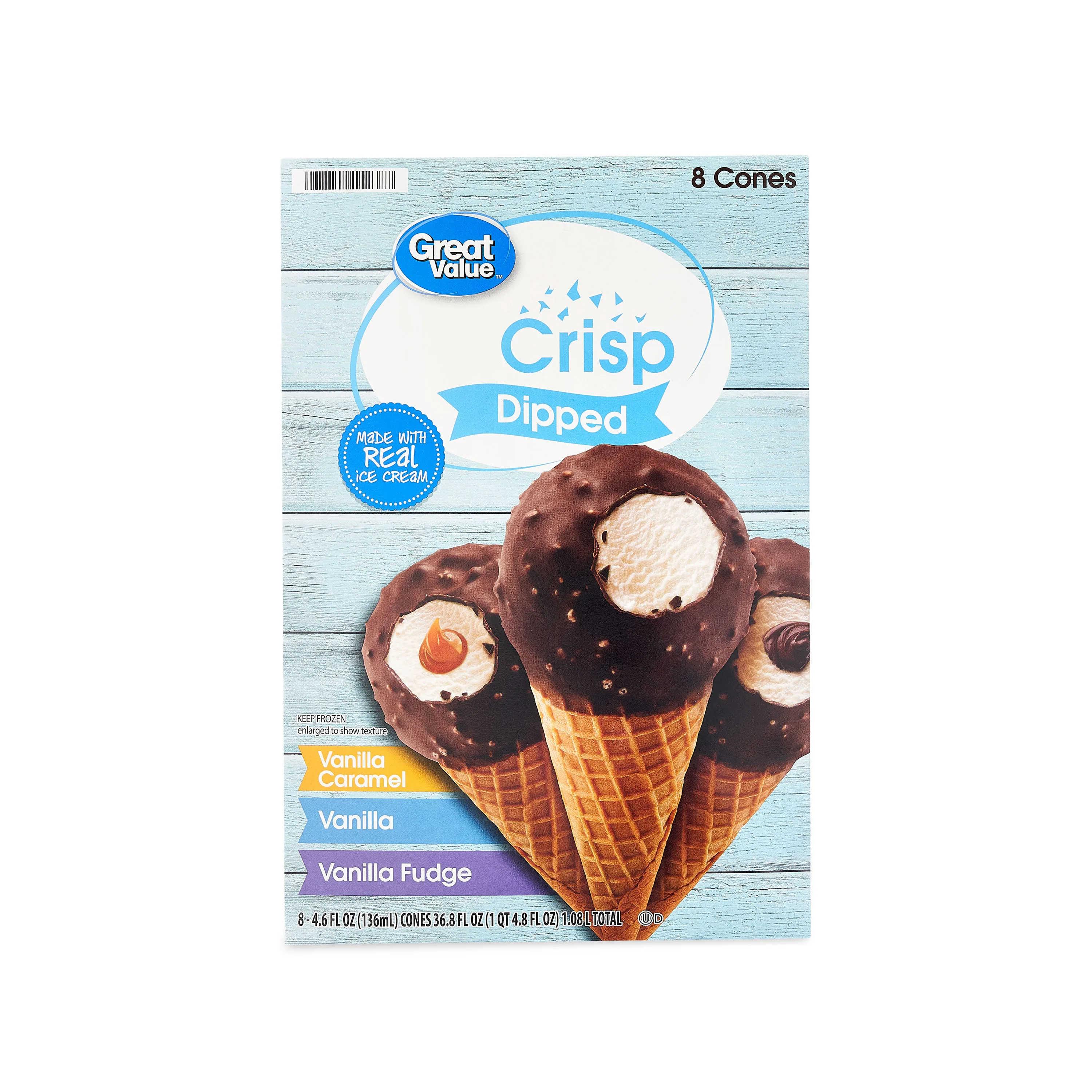 Great Value Crisp Dipped Ice Cream Cones Variety Pack, 4.6 fl oz, 8 Pack