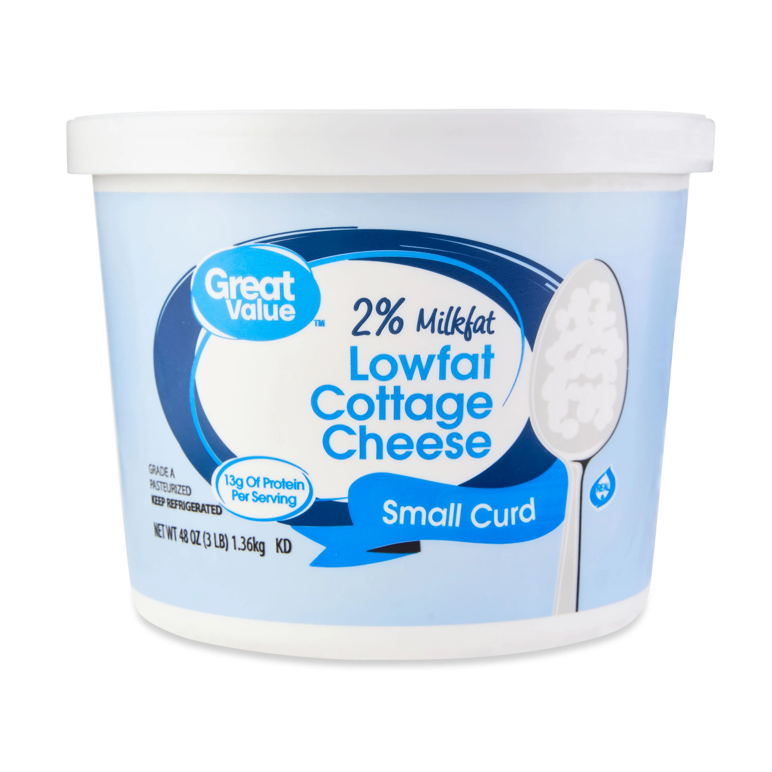 Great Value 2% Milkfat Lowfat Small Curd Cottage Cheese, 48 oz Tub