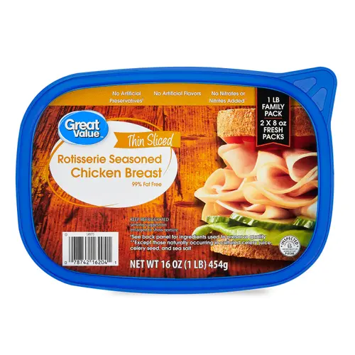 Great Value Rotisserie Chicken Lunchmeat, 16 oz Plastic Tub, 10g of Protein per 2 oz Serving