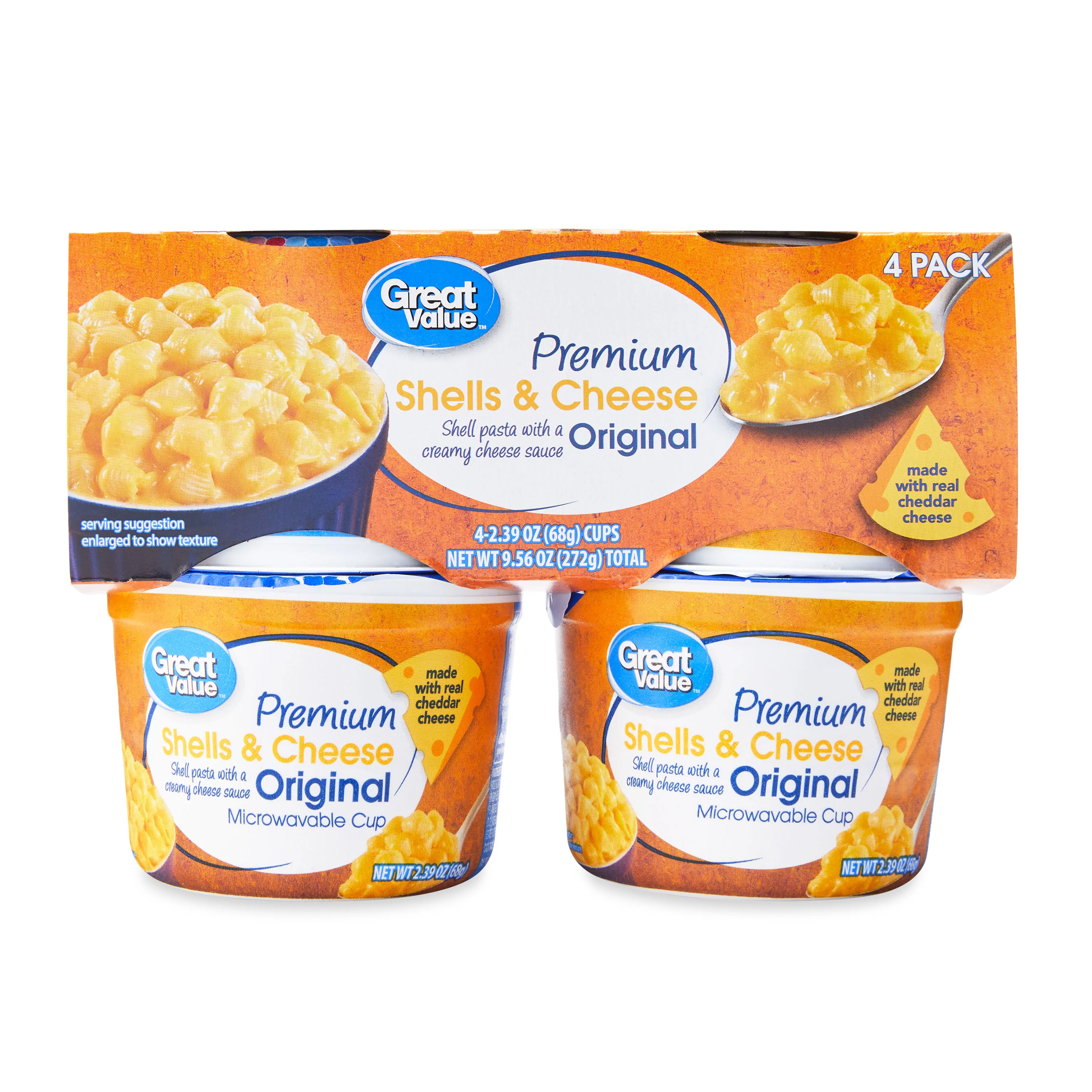 Great Value Premium Shells & Cheese Microwavable Cups, Original, 2.39 oz, 4 Count (Shelf Stable)
