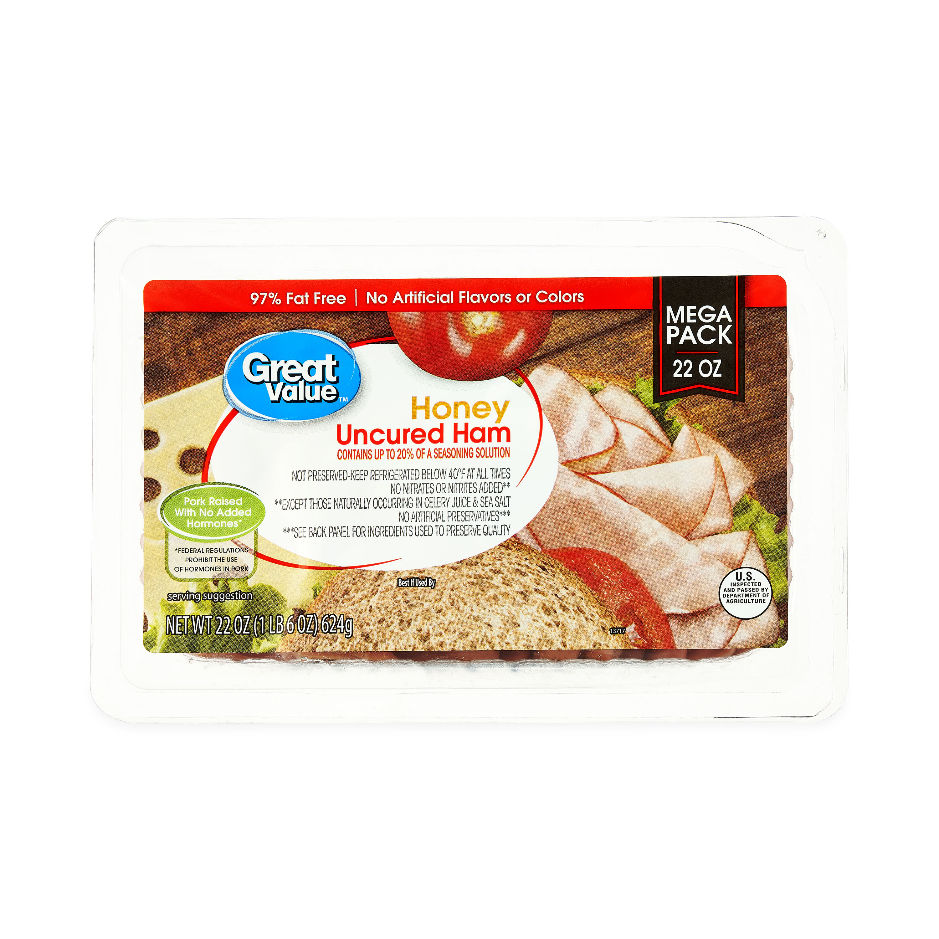 Great Value Honey Uncured Ham Lunchmeat Mega Pack, 22 oz Plastic Tray, 10 Grams of Protein per 2 oz Serving