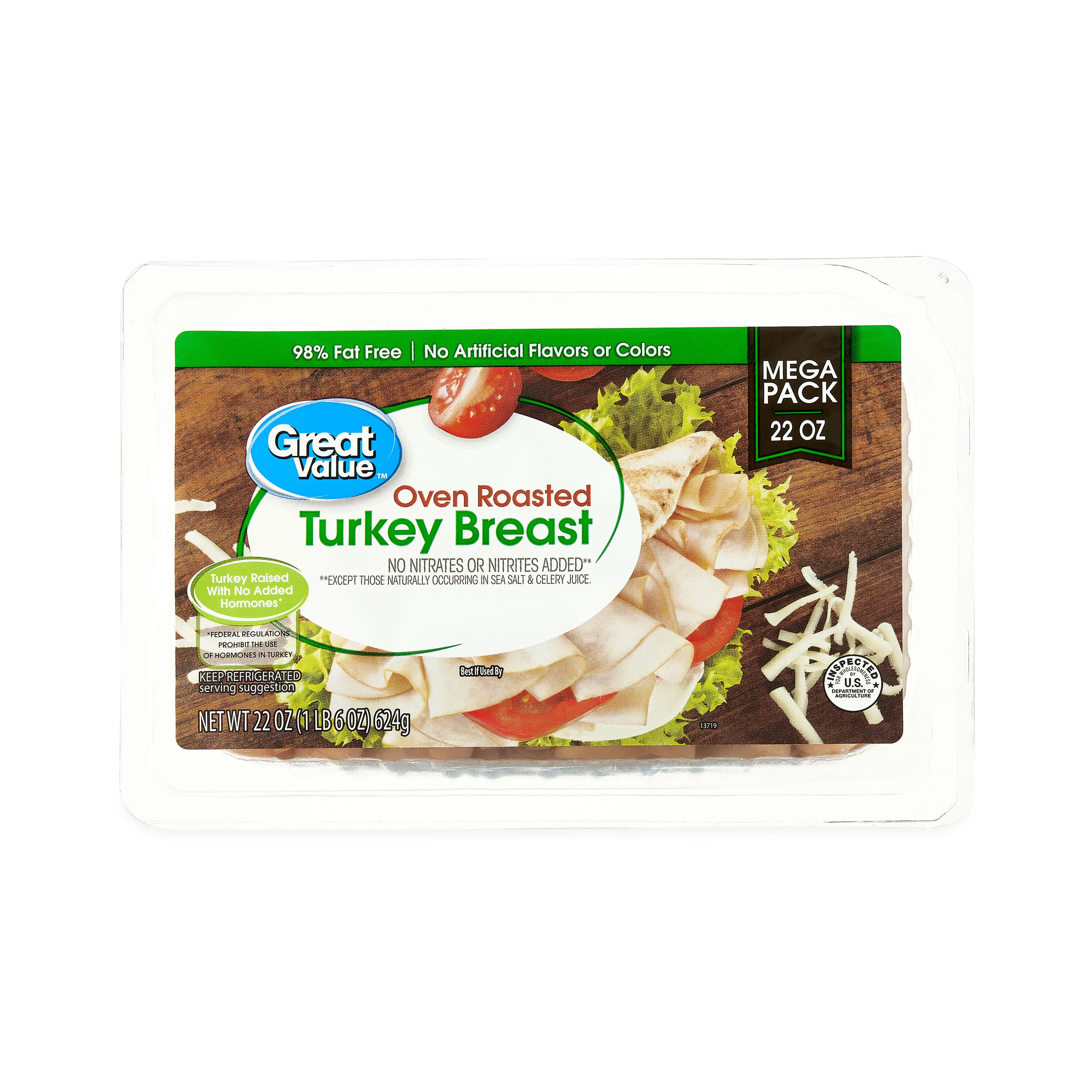Great Value Oven Roasted Turkey Breast Lunchmeat Mega Pack, 22 oz Plastic Tray, 9G of Protein per 2oz Serving