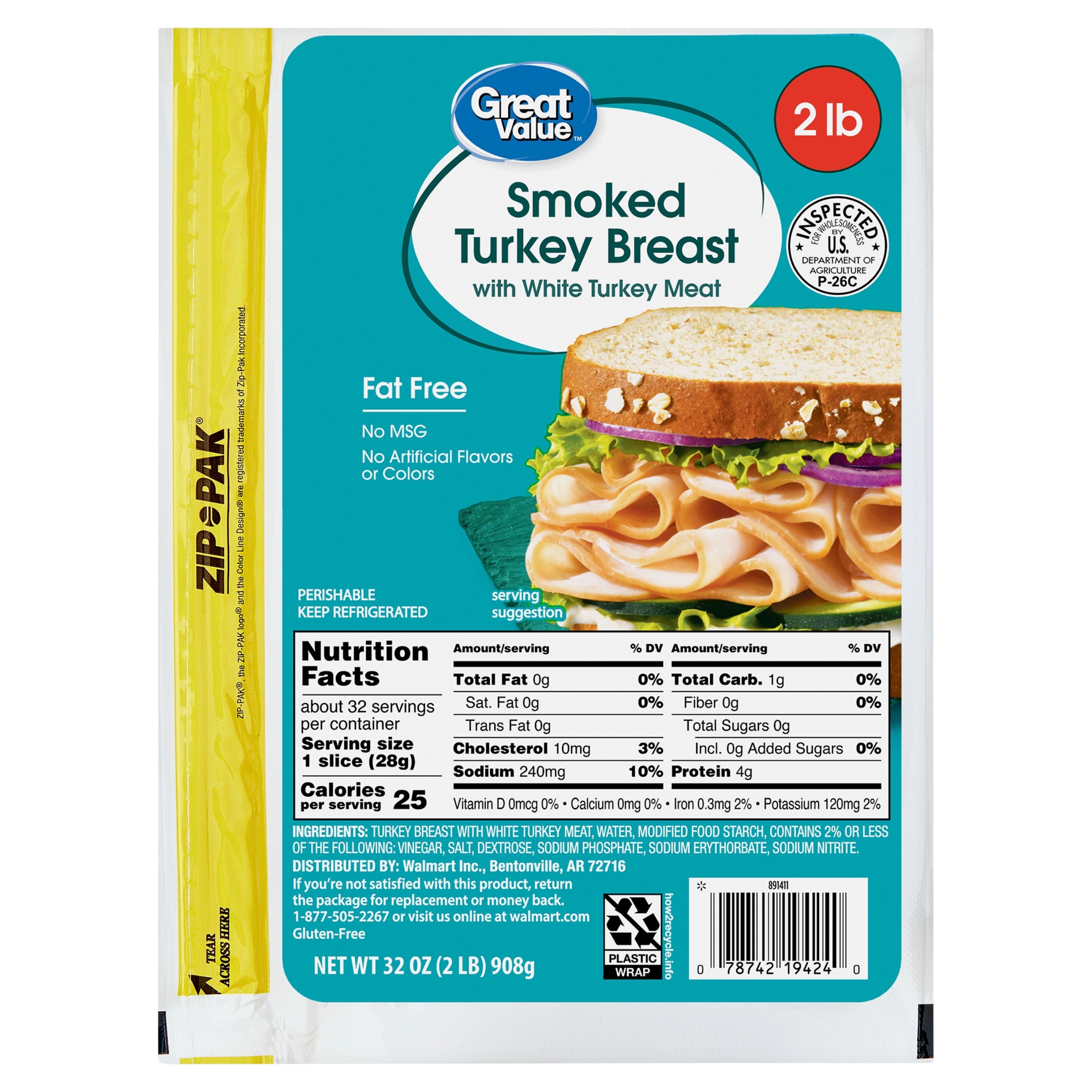 Great Value, Fat Free, Smoked Turkey Breast, 32 oz Bag, Deli - Sliced