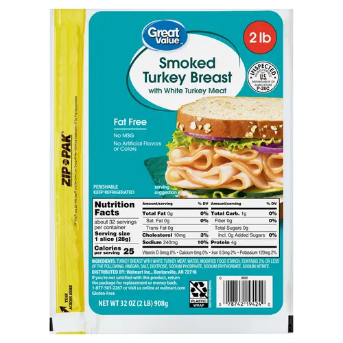 Great Value, Fat Free, Smoked Turkey Breast, 32 oz Bag, Deli - Sliced