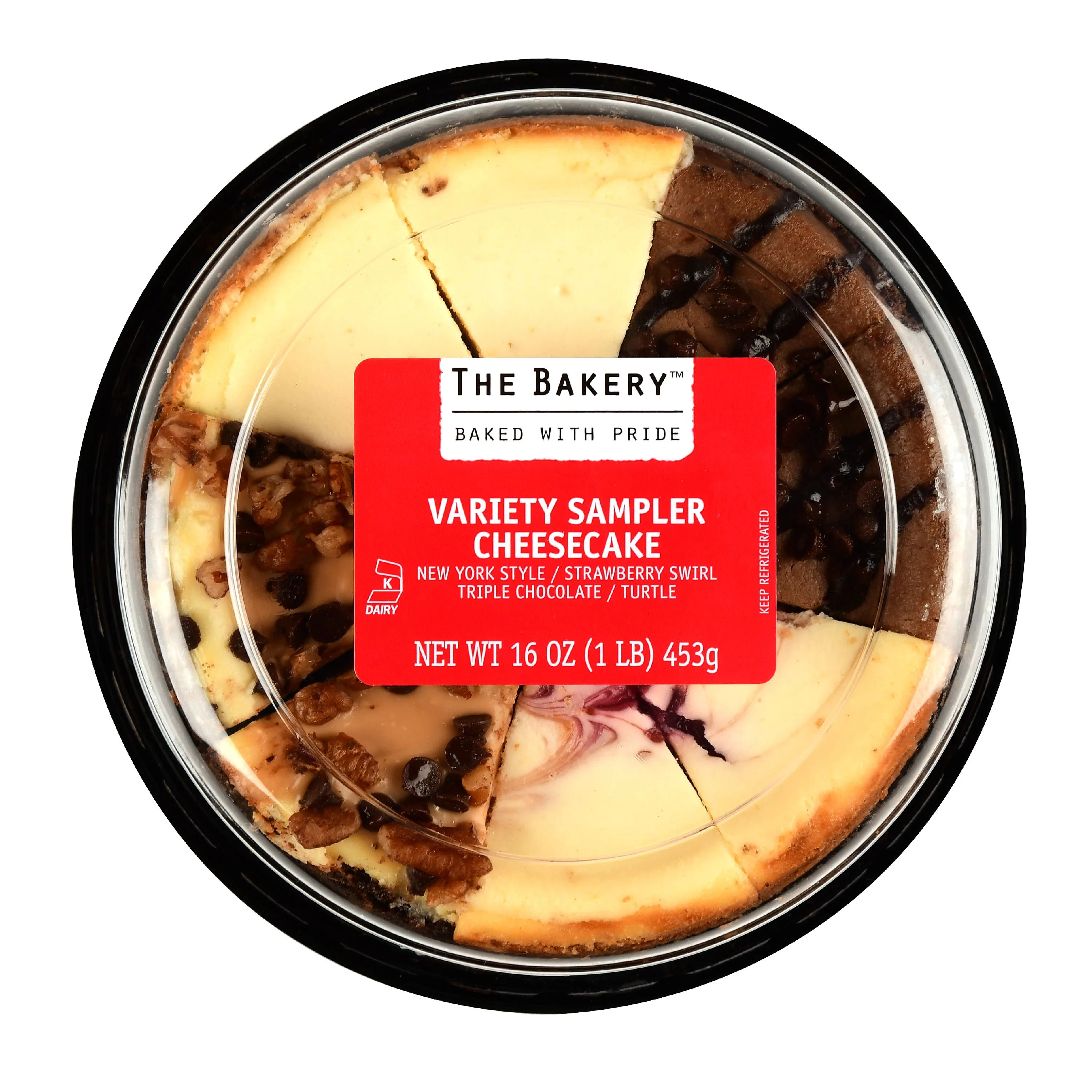 The Bakery Variety Sampler Cheesecake, Strawberry Swirl/Turtle/Triple Chocolate/NY Style, 16 oz, 8 Ct