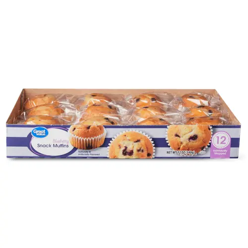 Great Value Blueberry Snack Mini Muffins, Moist, Light, Fluffy Individually Wrapped Pastry, 12 oz, 12 Count