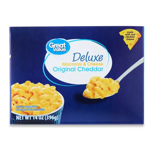Great Value Deluxe Original Cheddar Macaroni & Cheese, 14 oz (Shelf Stable, Packaged Meal)