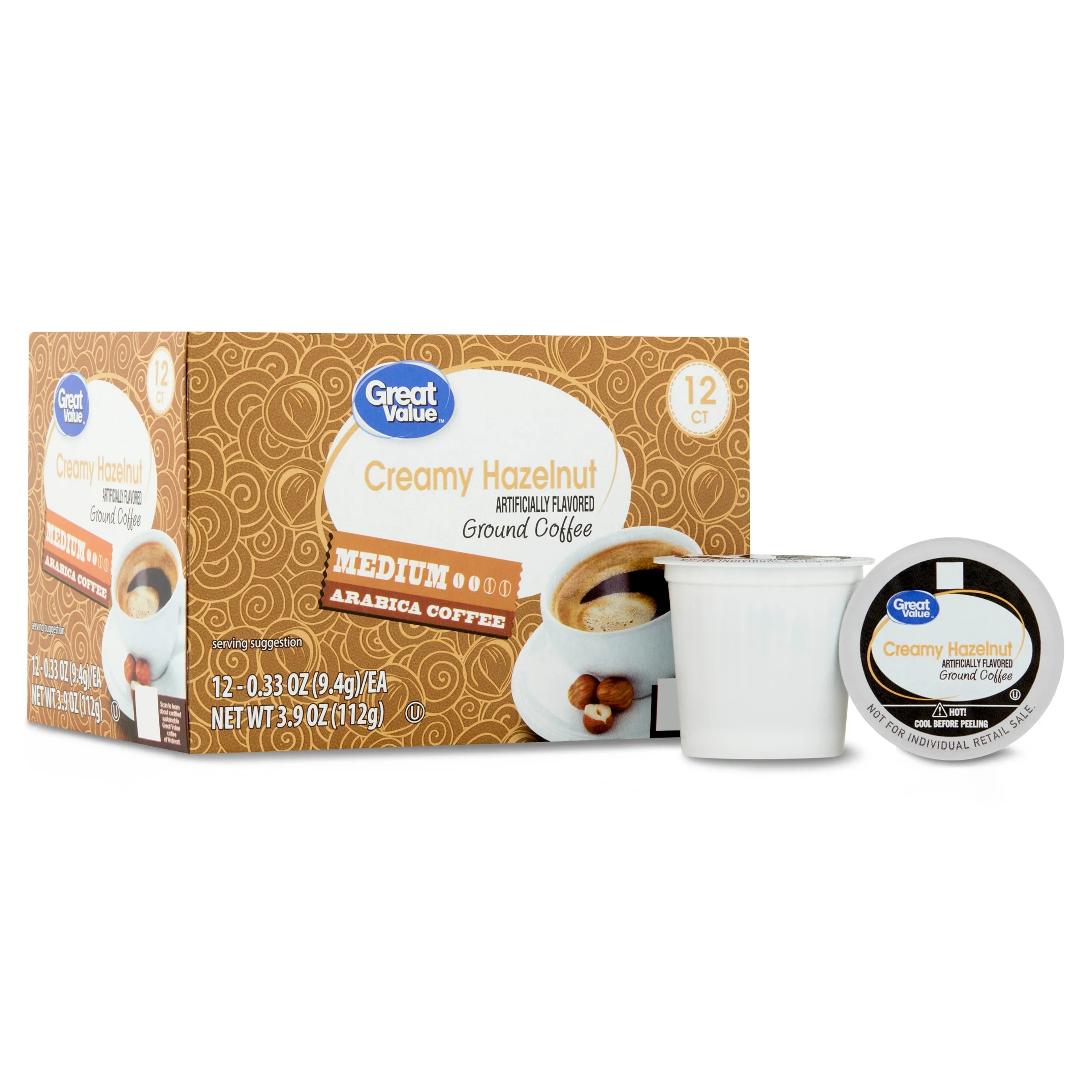 Great Value 100% Arabica Creamy Hazelnut Medium Roast Arabica Coffee Pods, 12 Ct