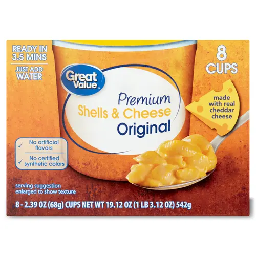 Great Value Original Premium Shells & Cheese Microwavable Cups, 8 Count Shelf Stable