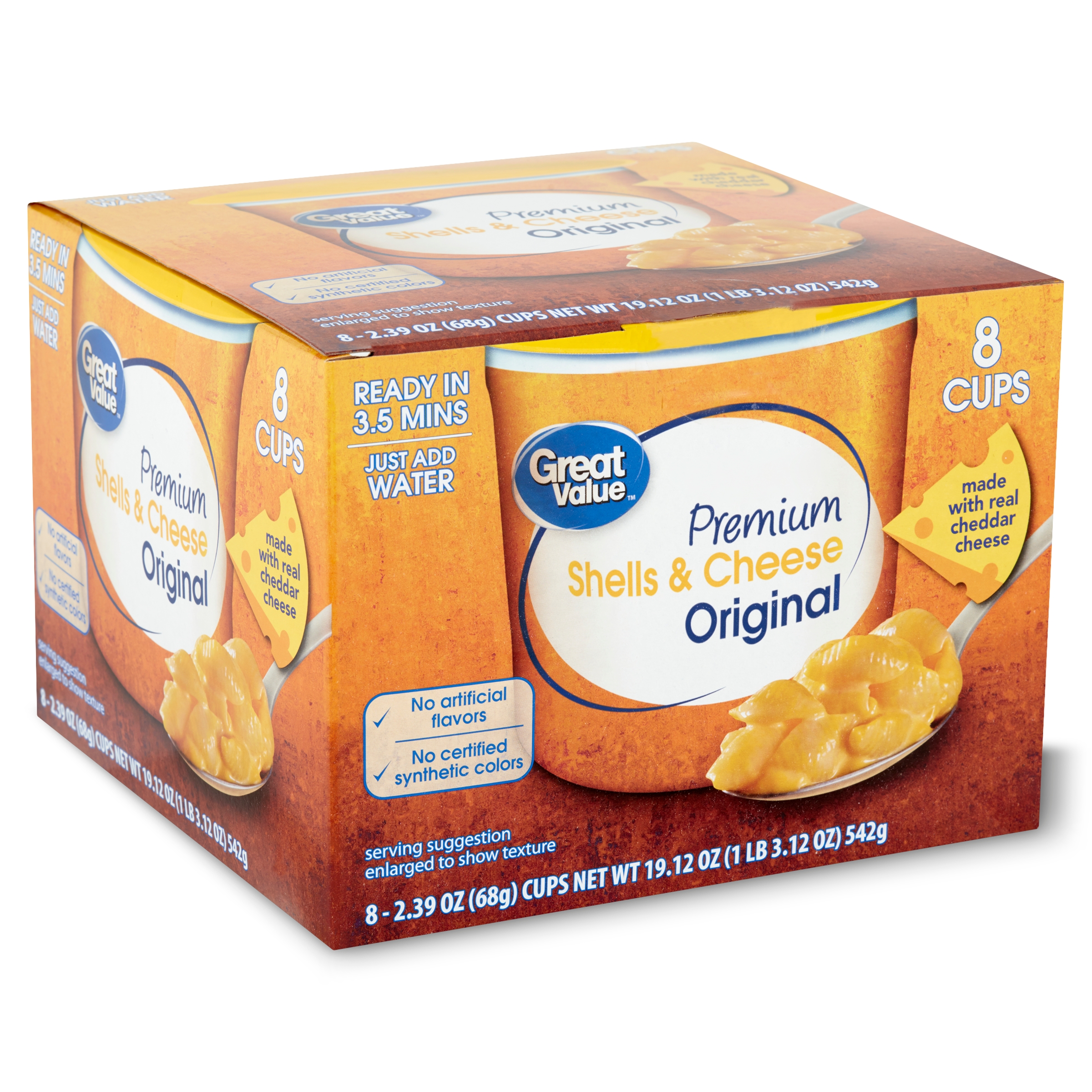 Great Value Original Premium Shells & Cheese Microwavable Cups, 8 Count Shelf Stable thumbnail 2