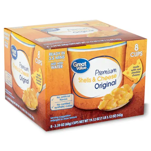 Great Value Original Premium Shells & Cheese Microwavable Cups, 8 Count Shelf Stable thumbnail 2