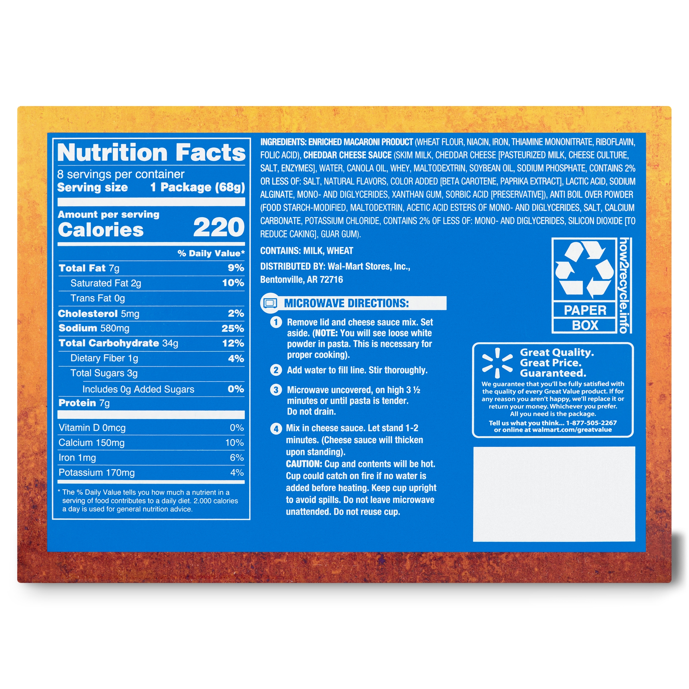 Great Value Original Premium Shells & Cheese Microwavable Cups, 8 Count Shelf Stable thumbnail 3