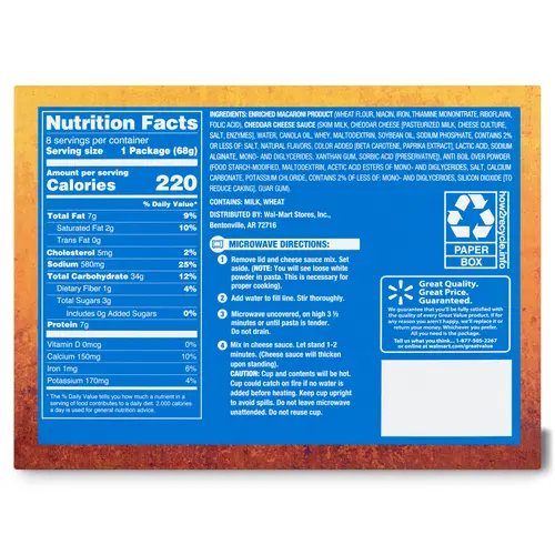 Great Value Original Premium Shells & Cheese Microwavable Cups, 8 Count Shelf Stable thumbnail 3