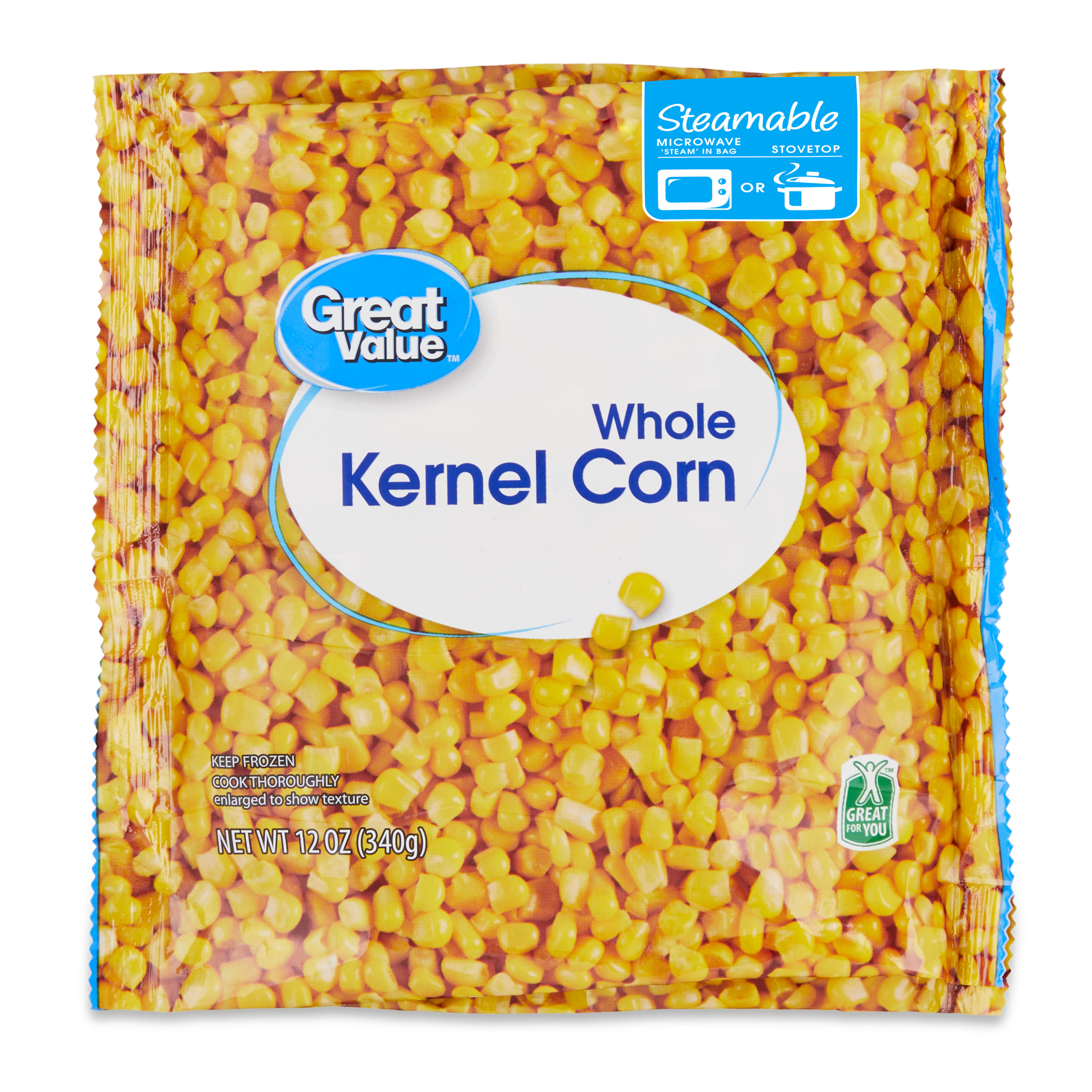 Great Value Frozen Whole Kernel Corn, 12 oz Steamable Bag