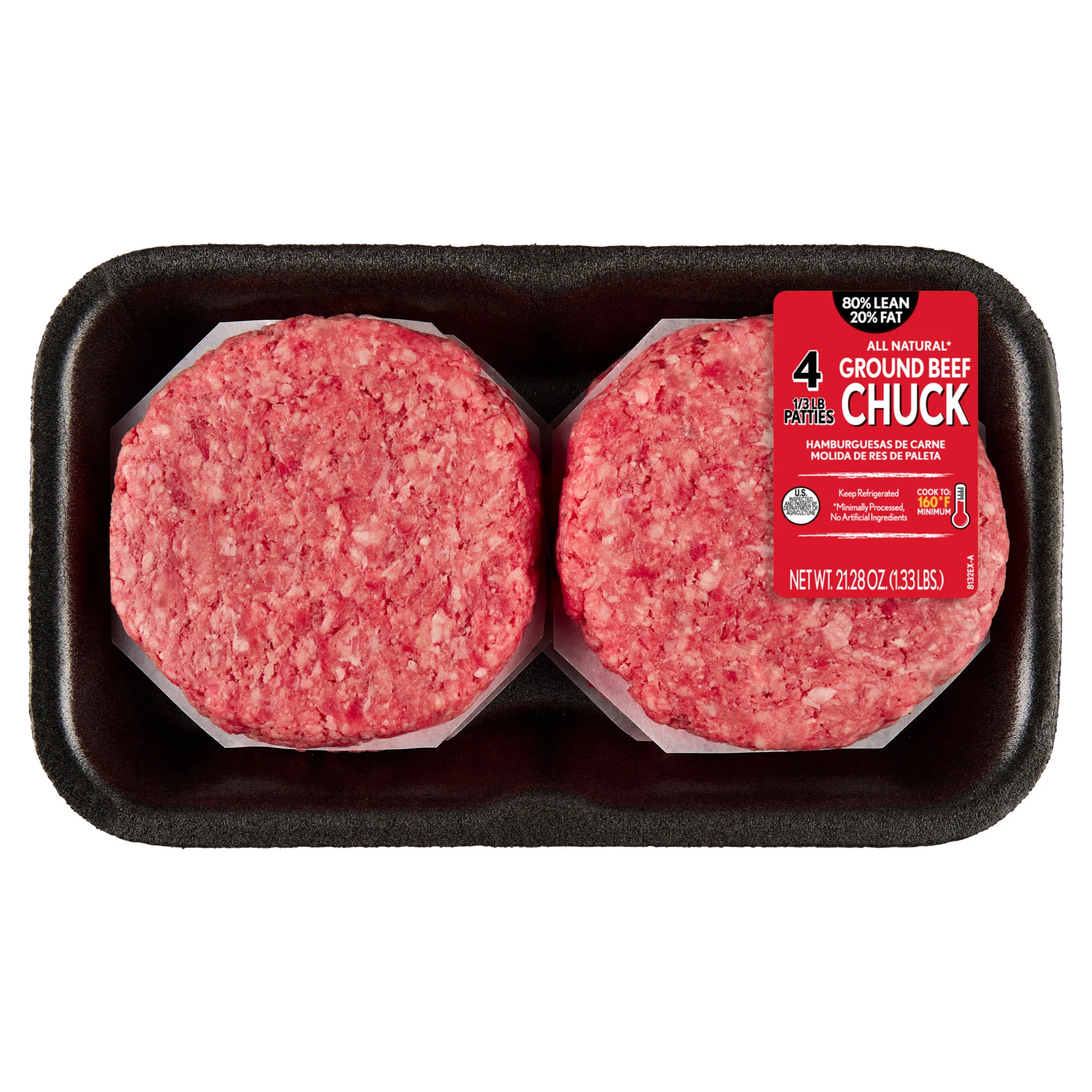 80% Lean / 20% Fat Ground Beef Chuck Patties, 4 Count, 1/3 lb patties, 1.33 lb Tray, Fresh, All Natural*