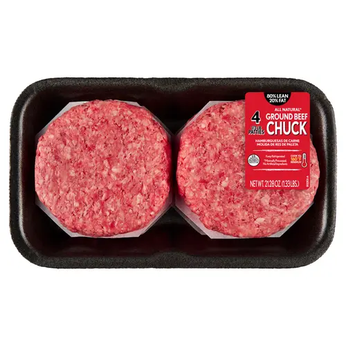 80% Lean / 20% Fat Ground Beef Chuck Patties, 4 Count, 1/3 lb patties, 1.33 lb Tray, Fresh, All Natural*