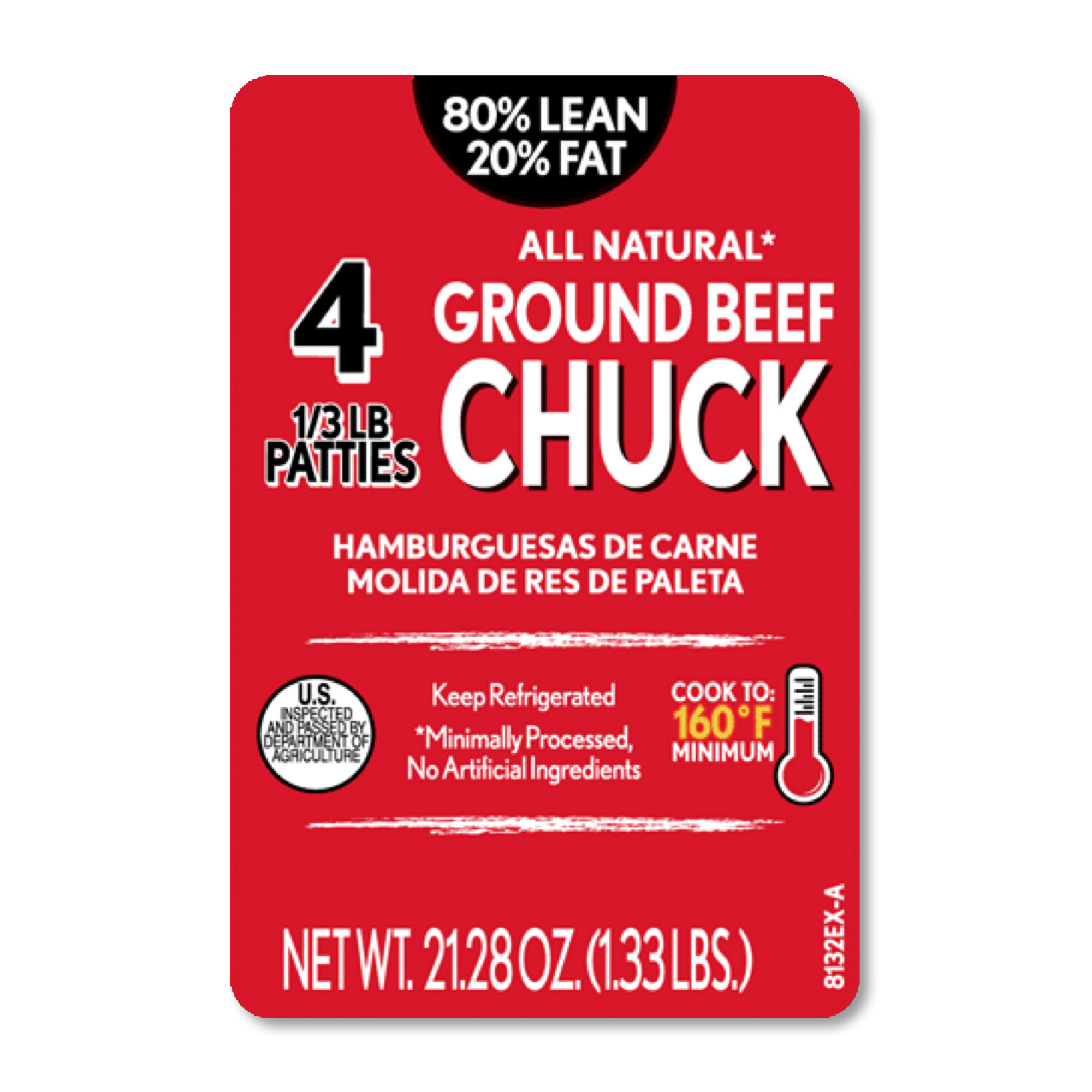 80% Lean / 20% Fat Ground Beef Chuck Patties, 4 Count, 1/3 lb patties, 1.33 lb Tray, Fresh, All Natural* thumbnail 4