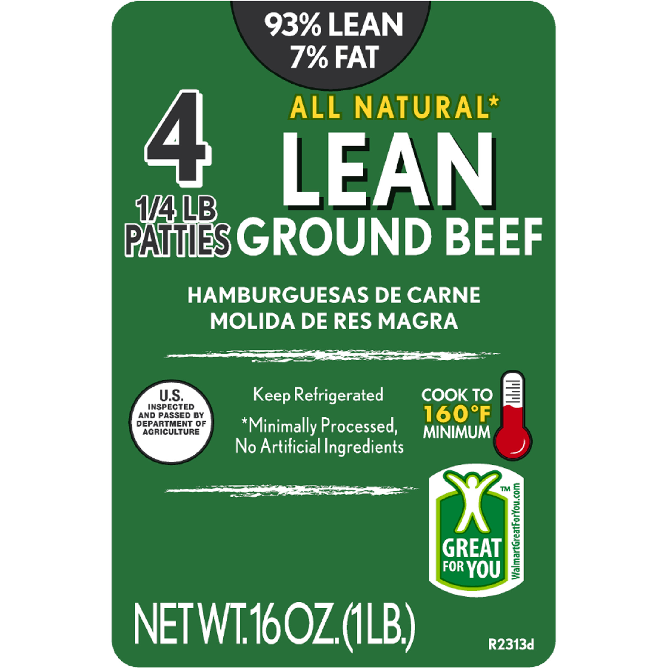 93% Lean / 7% Fat Lean Ground Beef Patties, 4 Count, 1 lb Tray, Fresh, All Natural* thumbnail 4