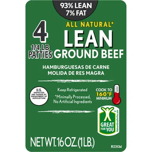 93% Lean / 7% Fat Lean Ground Beef Patties, 4 Count, 1 lb Tray, Fresh, All Natural* thumbnail 4