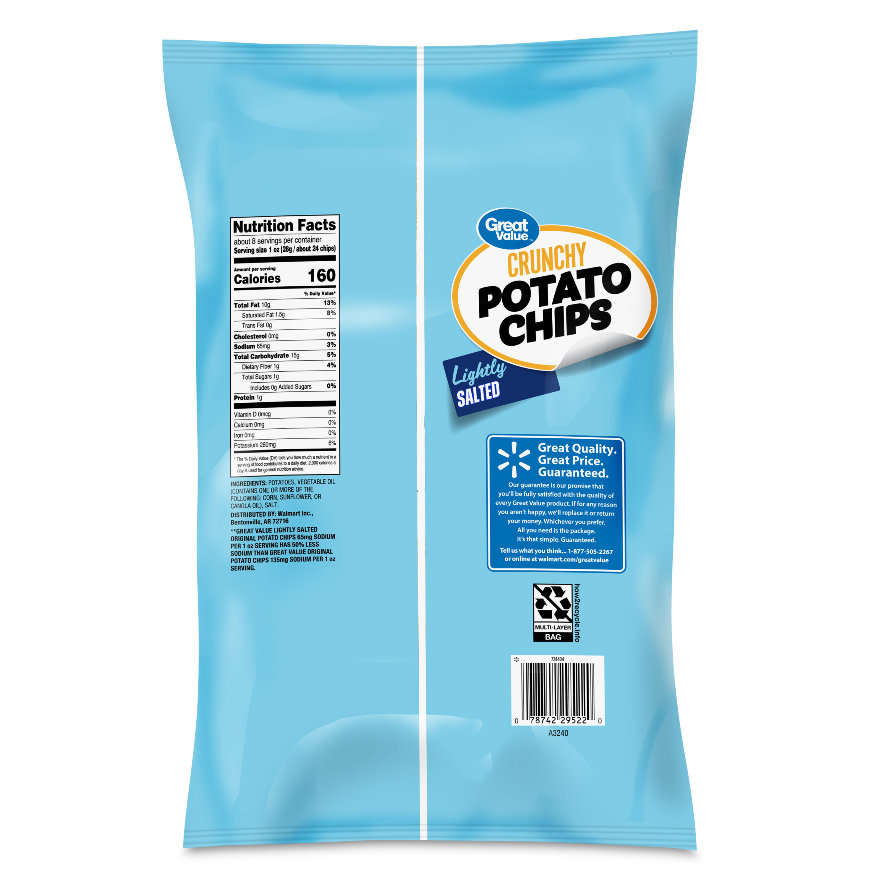 Great Value Lightly Salted Potato Chips, 7.75 oz Bag thumbnail 3