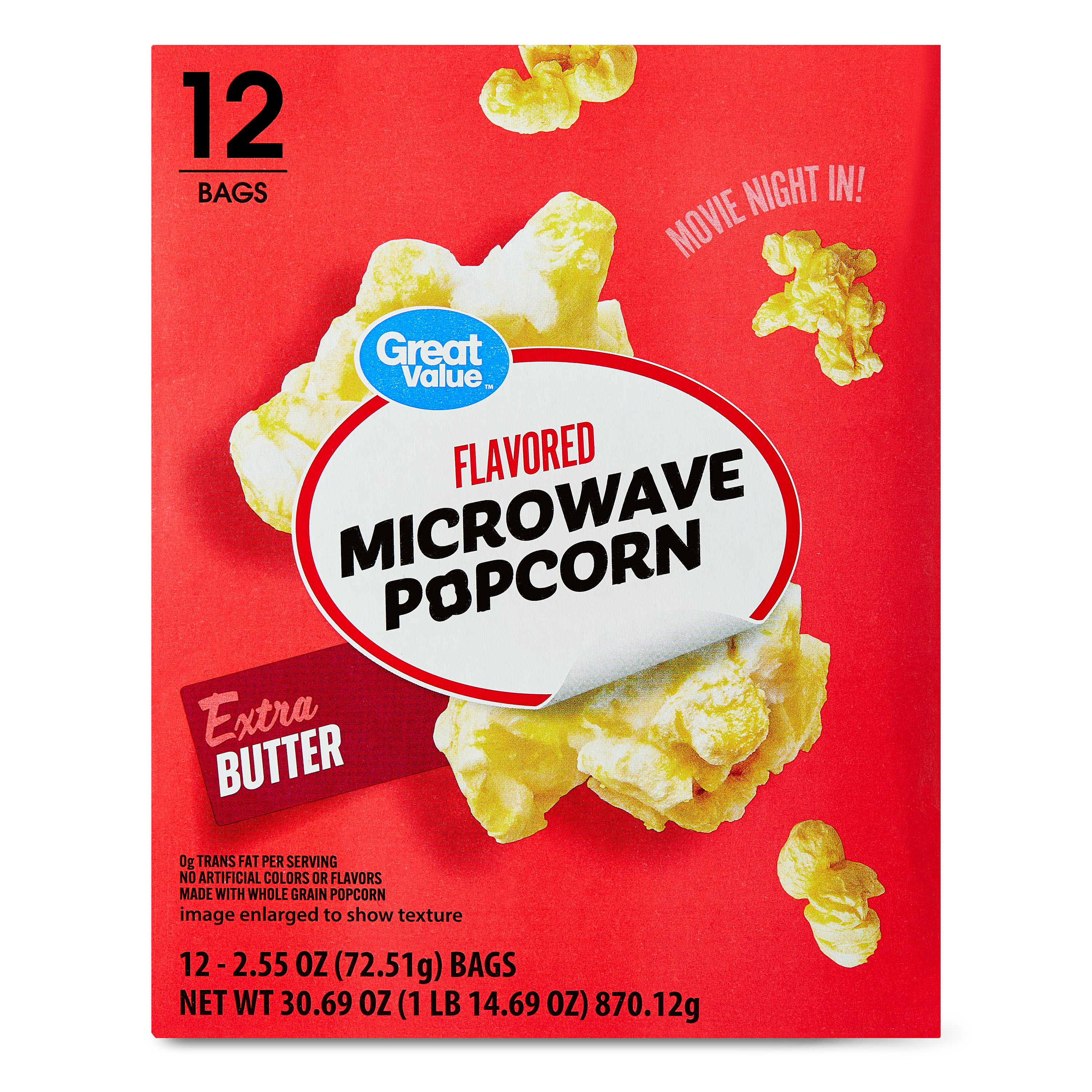Great Value Extra Butter Flavored Microwave Popcorn, 2.55 oz, 12 Count
