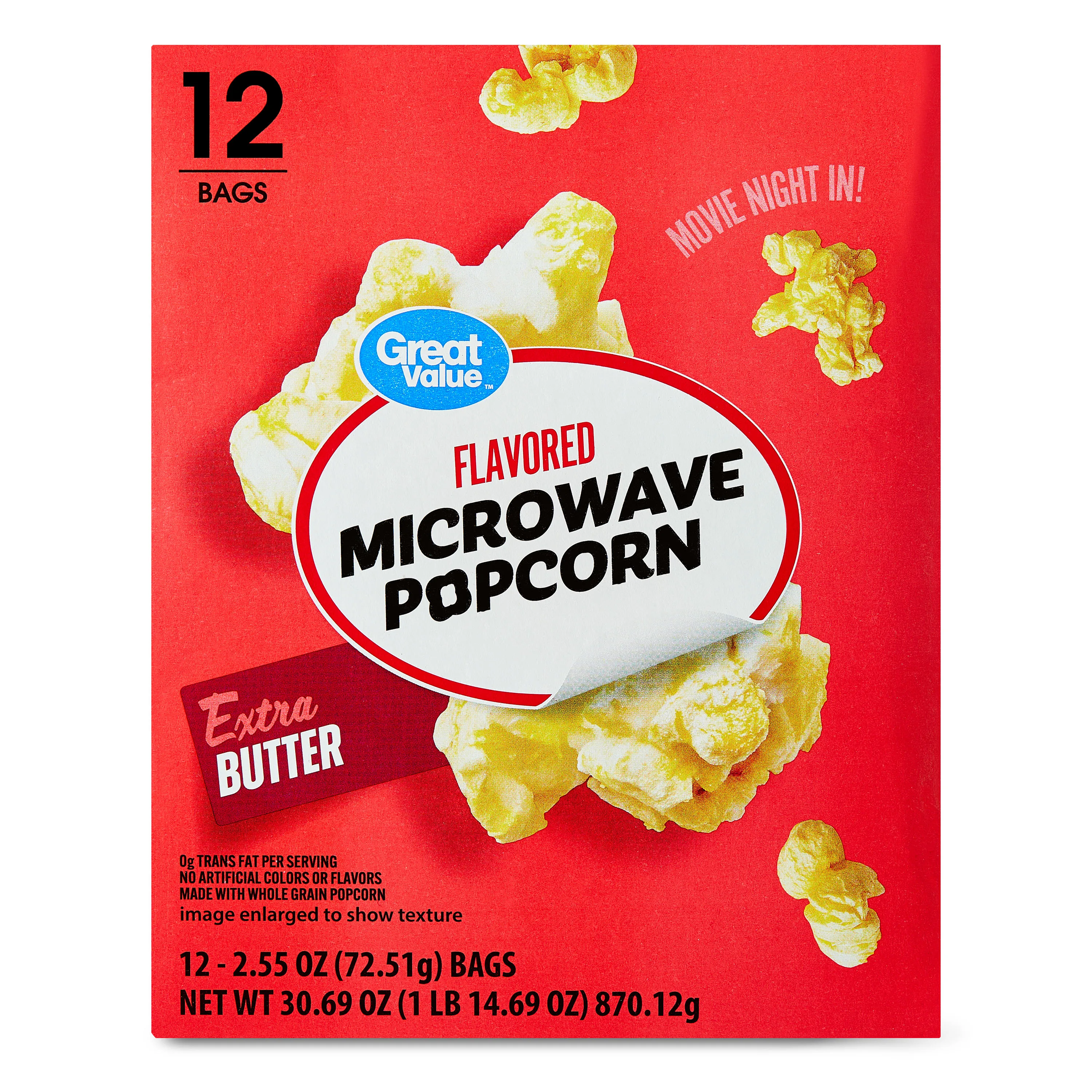 Great Value Extra Butter Flavored Microwave Popcorn, 2.55 oz, 12 Count