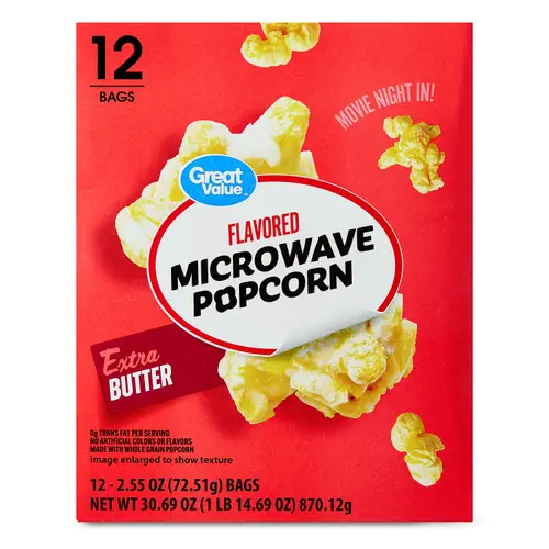 Great Value Extra Butter Flavored Microwave Popcorn, 2.55 oz, 12 Count