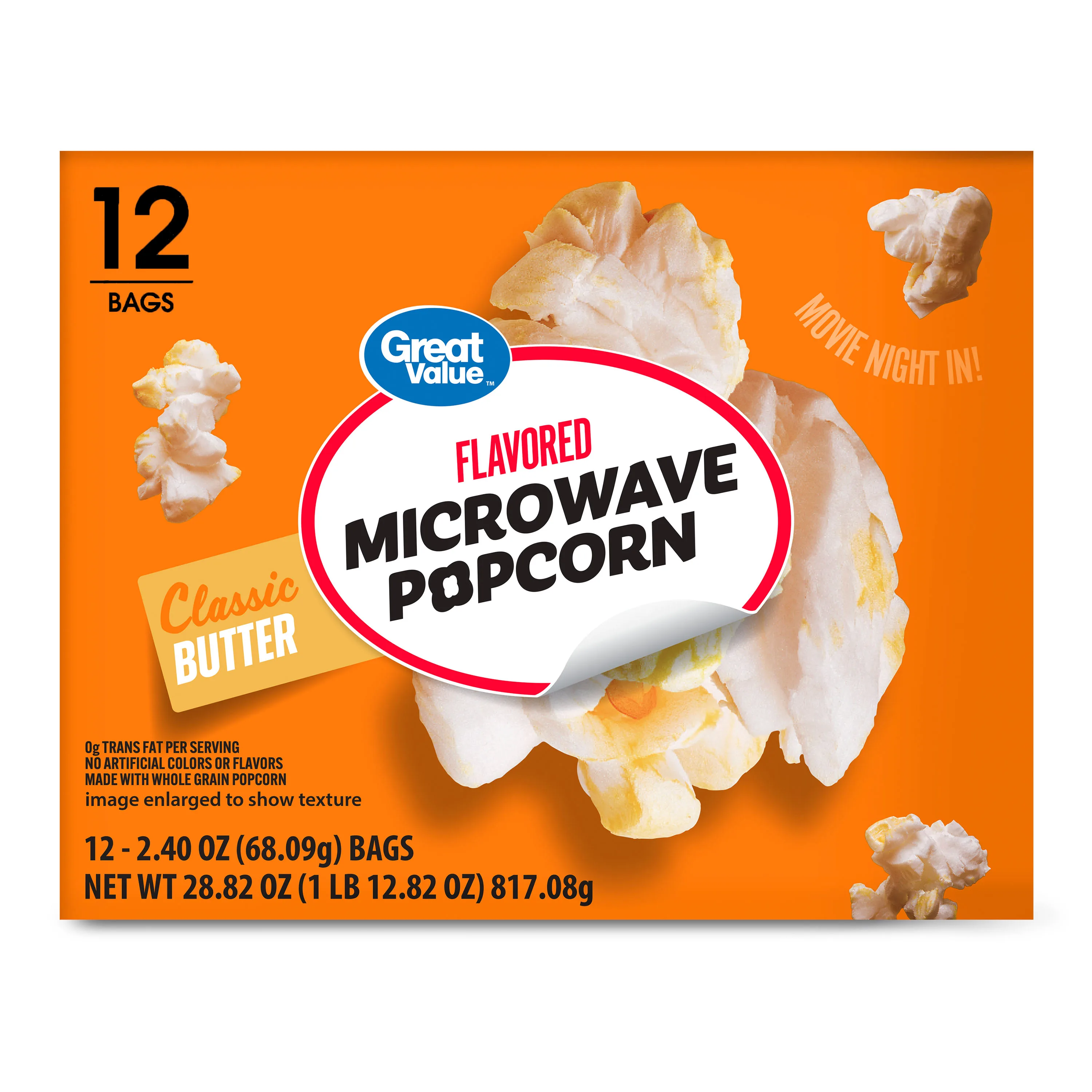 Great Value Butter Flavored Microwave Popcorn, 12 count, 2.4 oz Bags