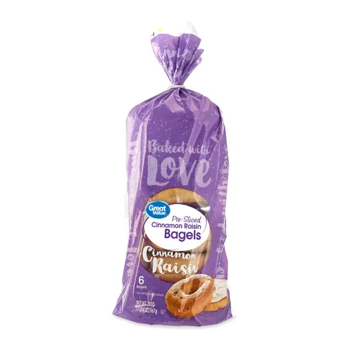 Great Value Pre-Sliced Cinnamon Raisin Bagels, Rte, 20 oz, 6 Count