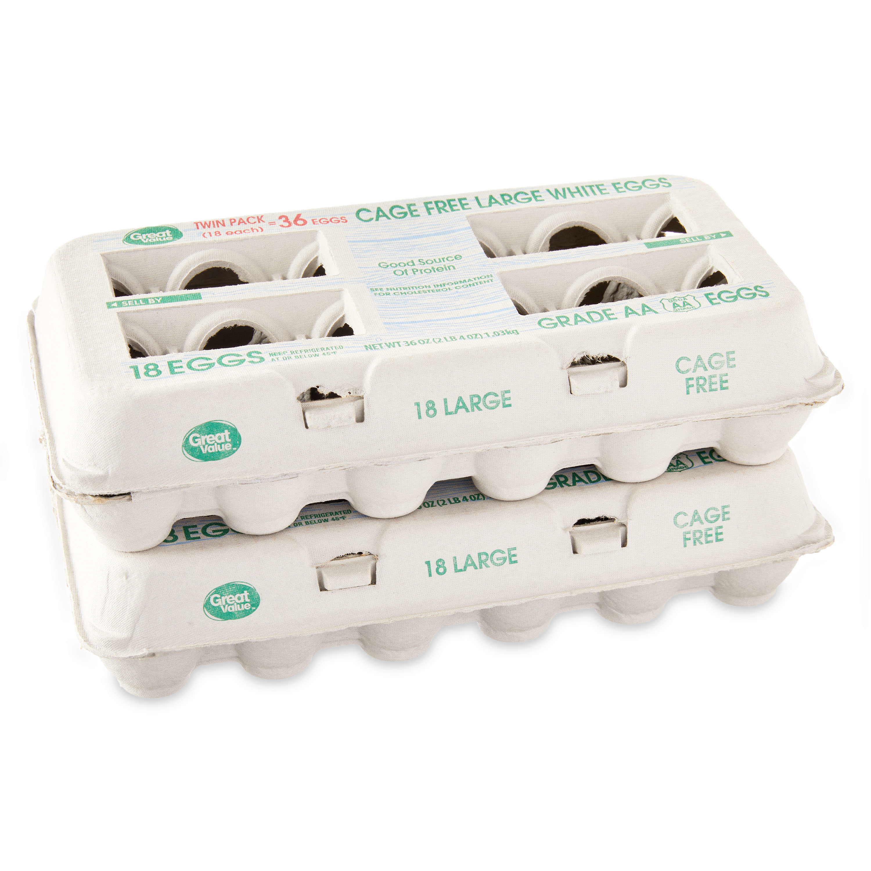 Great Value Cage-Free Grade AA Large White Eggs, 36 Count