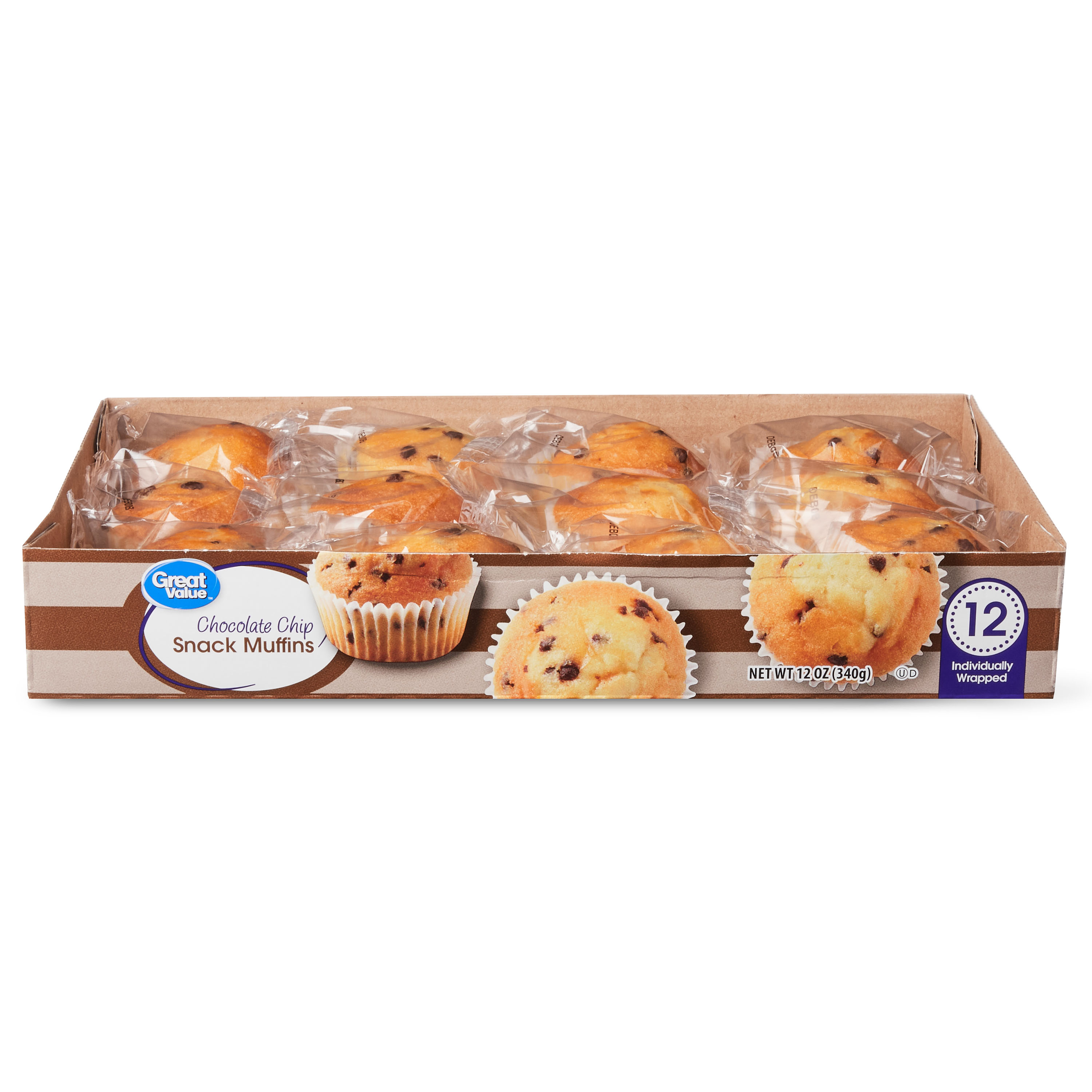 Great Value Chocolate Chip Snack Muffins, 12 oz, 12 Count, Shelf-Stable, Regular, Baked, Soft, Chewy
