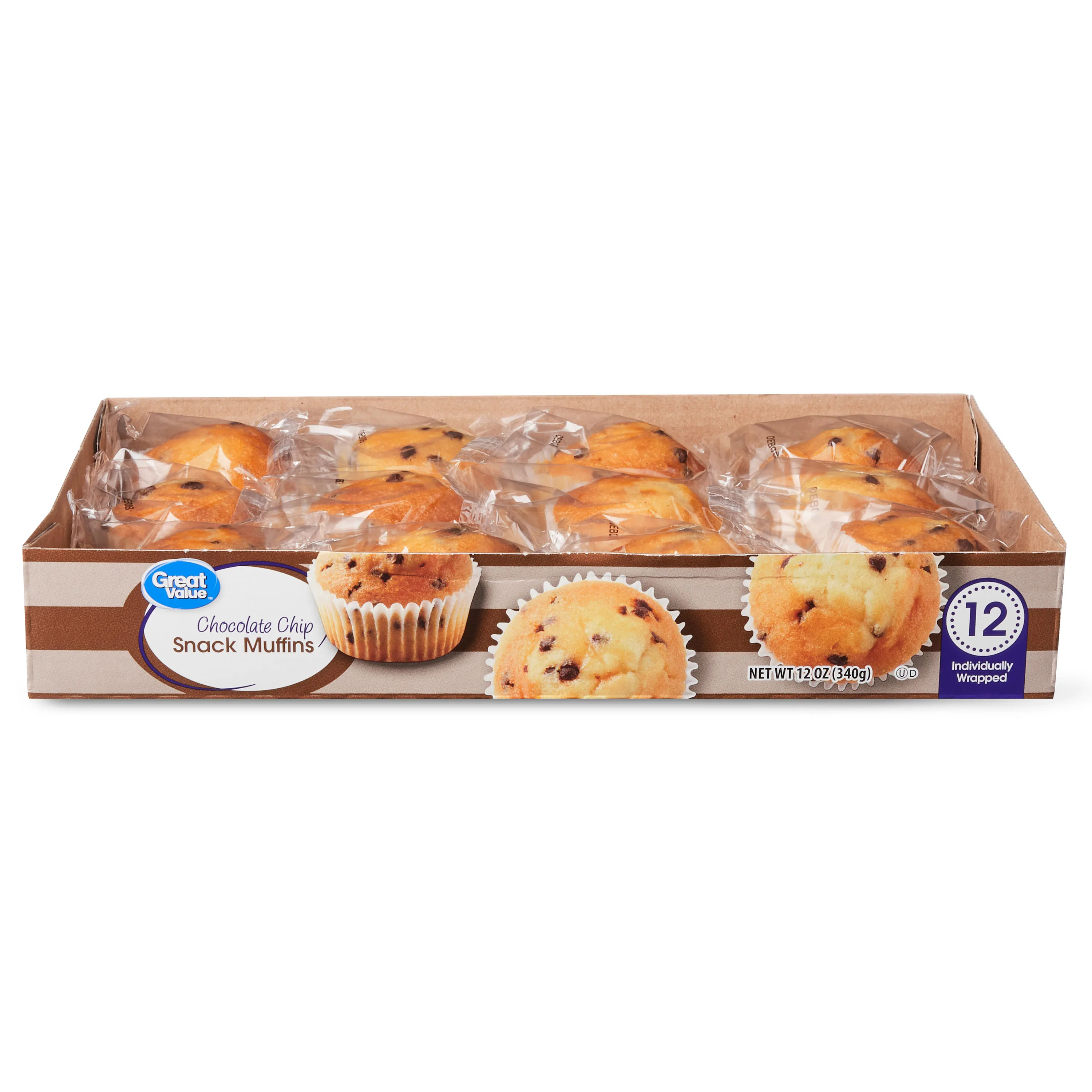 Great Value Chocolate Chip Snack Muffins, 12 oz, 12 Count, Shelf-Stable, Regular, Baked, Soft, Chewy
