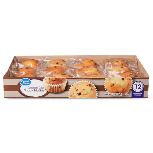 Great Value Chocolate Chip Snack Muffins, 12 oz, 12 Count, Shelf-Stable, Regular, Baked, Soft, Chewy