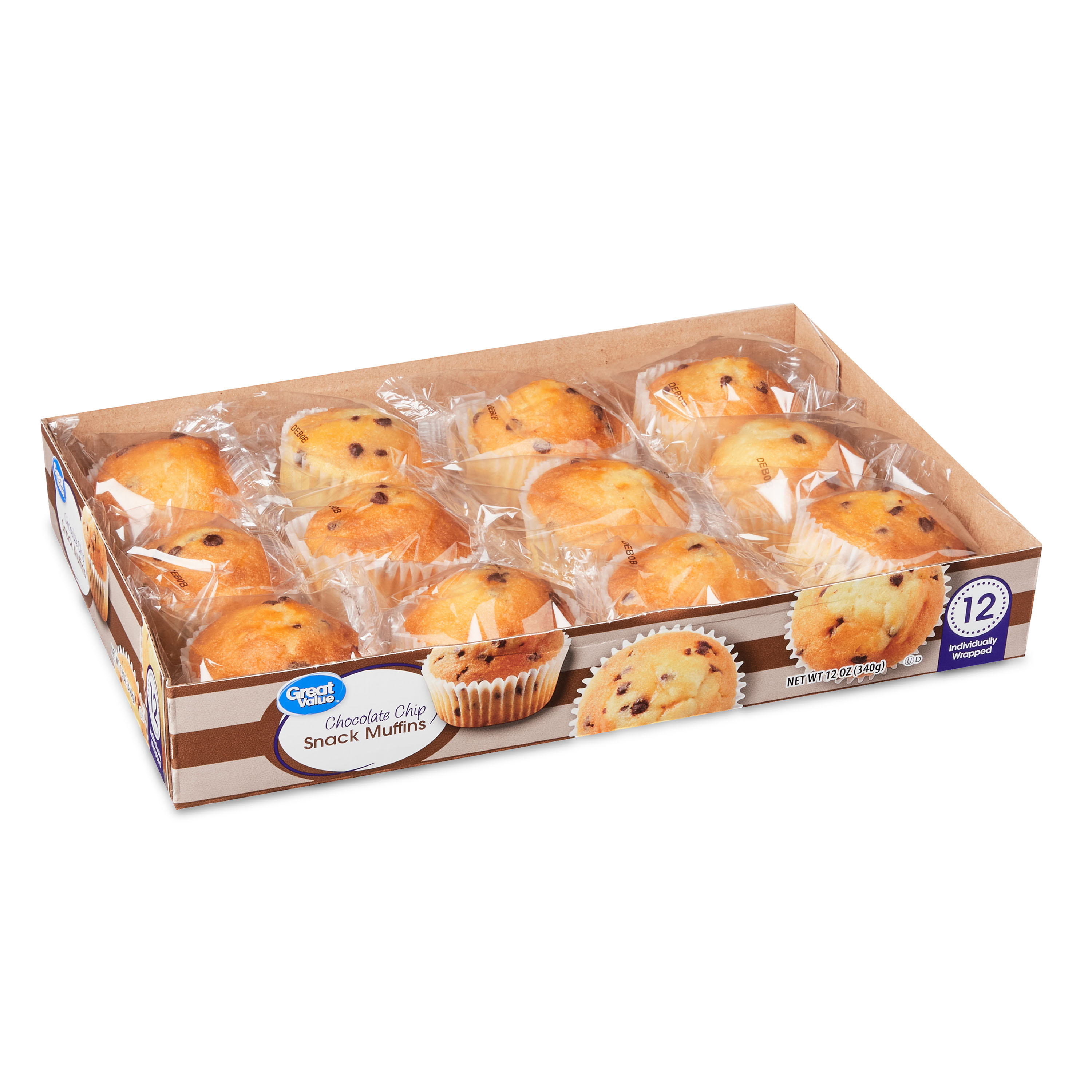 Great Value Chocolate Chip Snack Muffins, 12 oz, 12 Count, Shelf-Stable, Regular, Baked, Soft, Chewy thumbnail 3