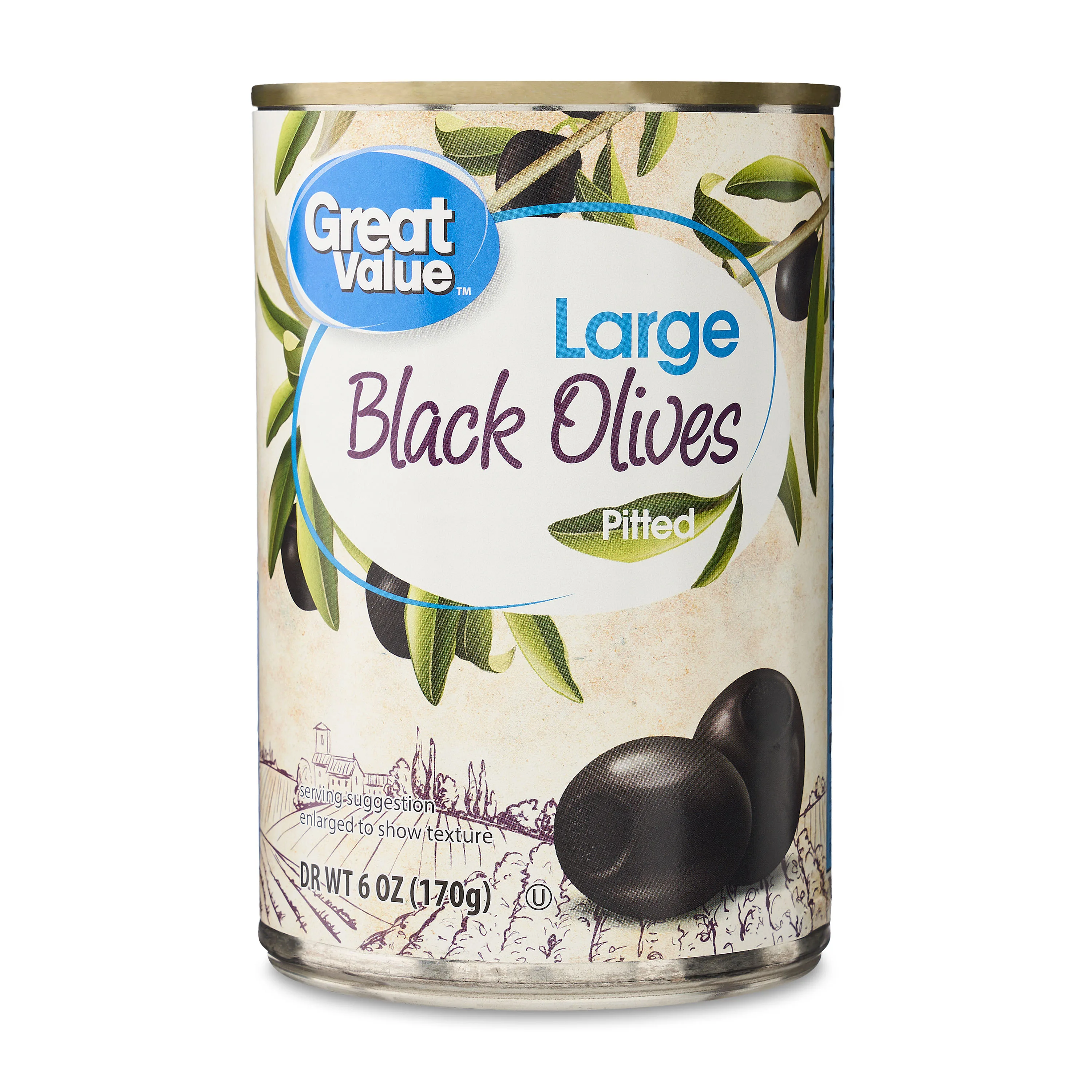 Great Value Large Pitted Black Olives, 6 oz. Allergens Not Contained.