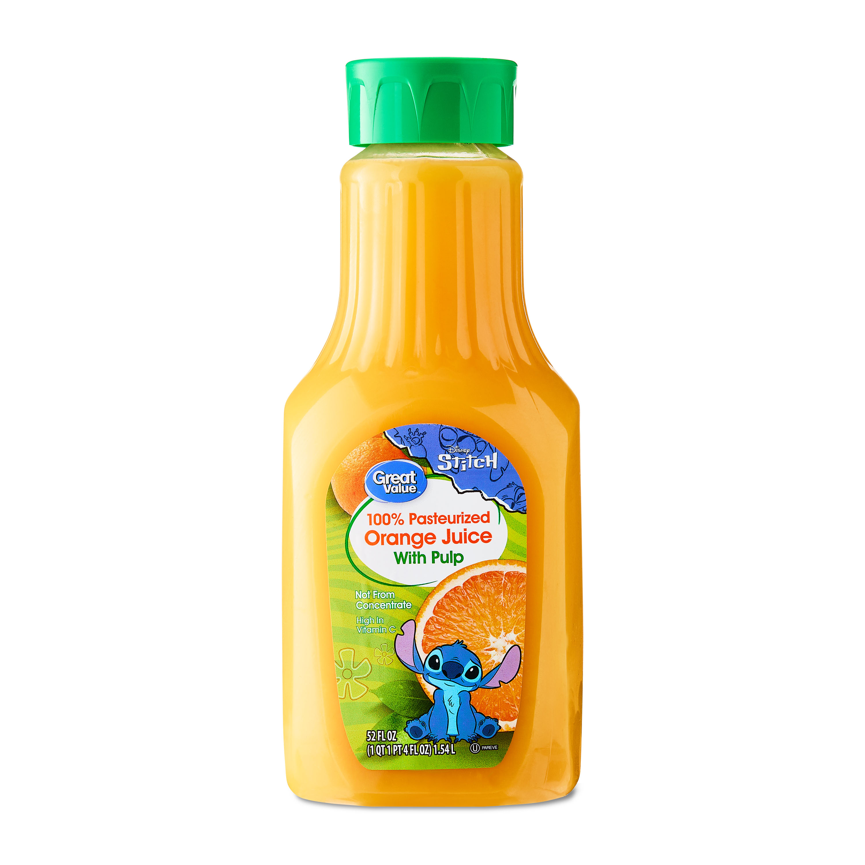Great Value 100% Pasteurized Orange Juice with Pulp, Featuring Stitch, 52 fl oz