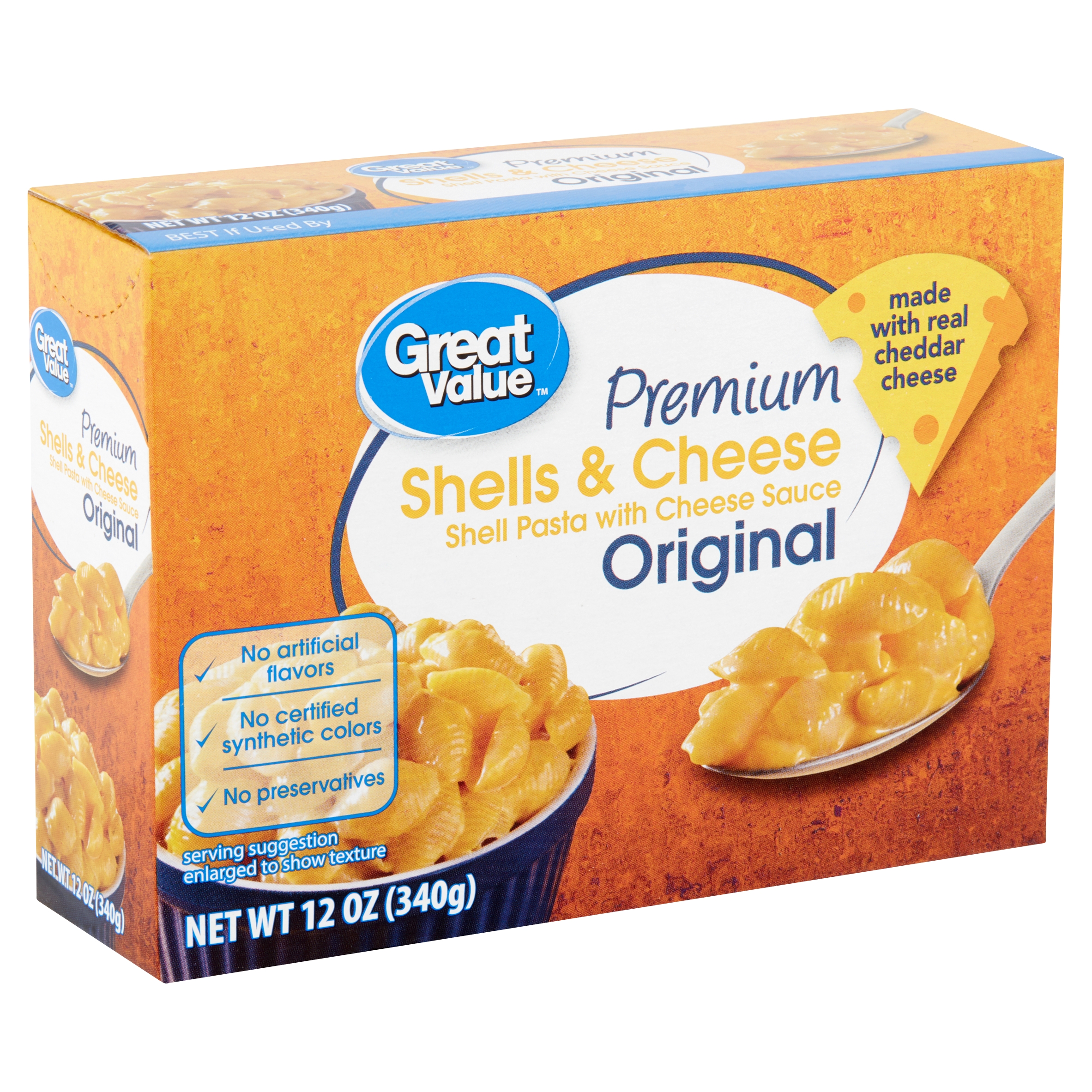 Great Value Premium Original Shells & Cheese, 12 oz Box (Shelf Stable Packaged Meals)